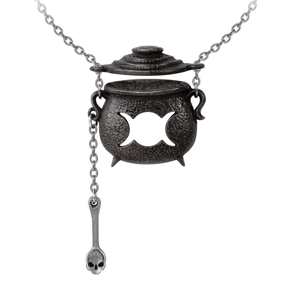 Gothic Black Cauldron & Skull Spoon Pendant Necklace - Perfect for Halloween, Witchy Aesthetic & Dark Fashion Jewelry Lovers