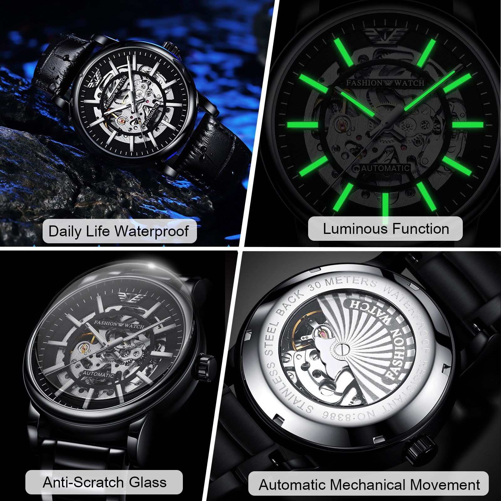 RORIOS Men's Automatic Watch - Minimalist Self-Winding Mechanical Wristwatch with Luminous Skeleton Dial & Steel Strap for Business & Casual Wear