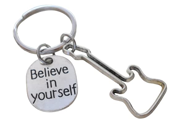 Guitar Player Charm Keychain - Guitar Shaped & Inspirational 'Believe in Yourself' Pendant - Perfect for Musicians, Music Lovers & Gift Giving