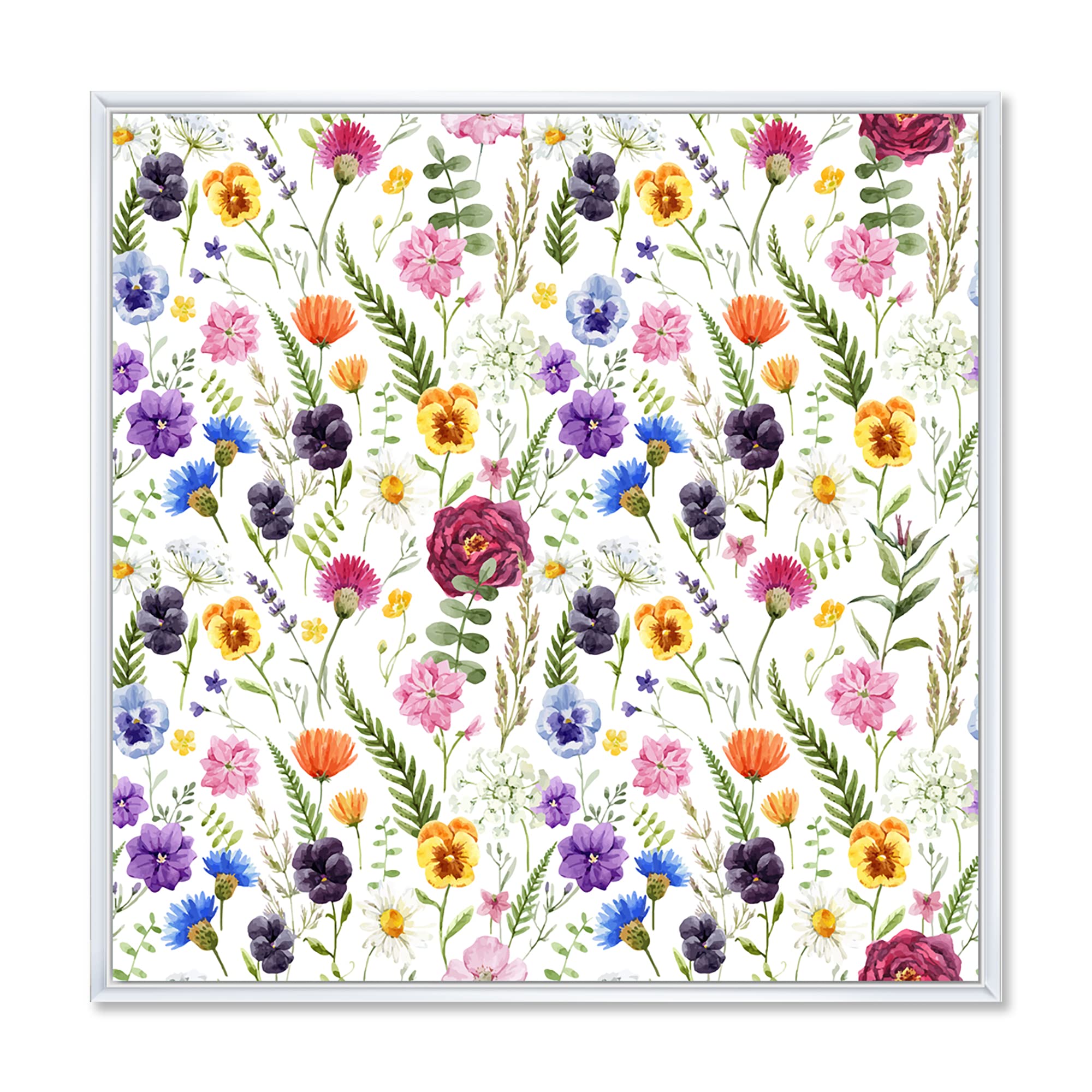 DesignQ Wildflowers Floral Pattern II - Traditional Framed Canvas Wall Art Print for Living Room, Bedroom & Office Decor
