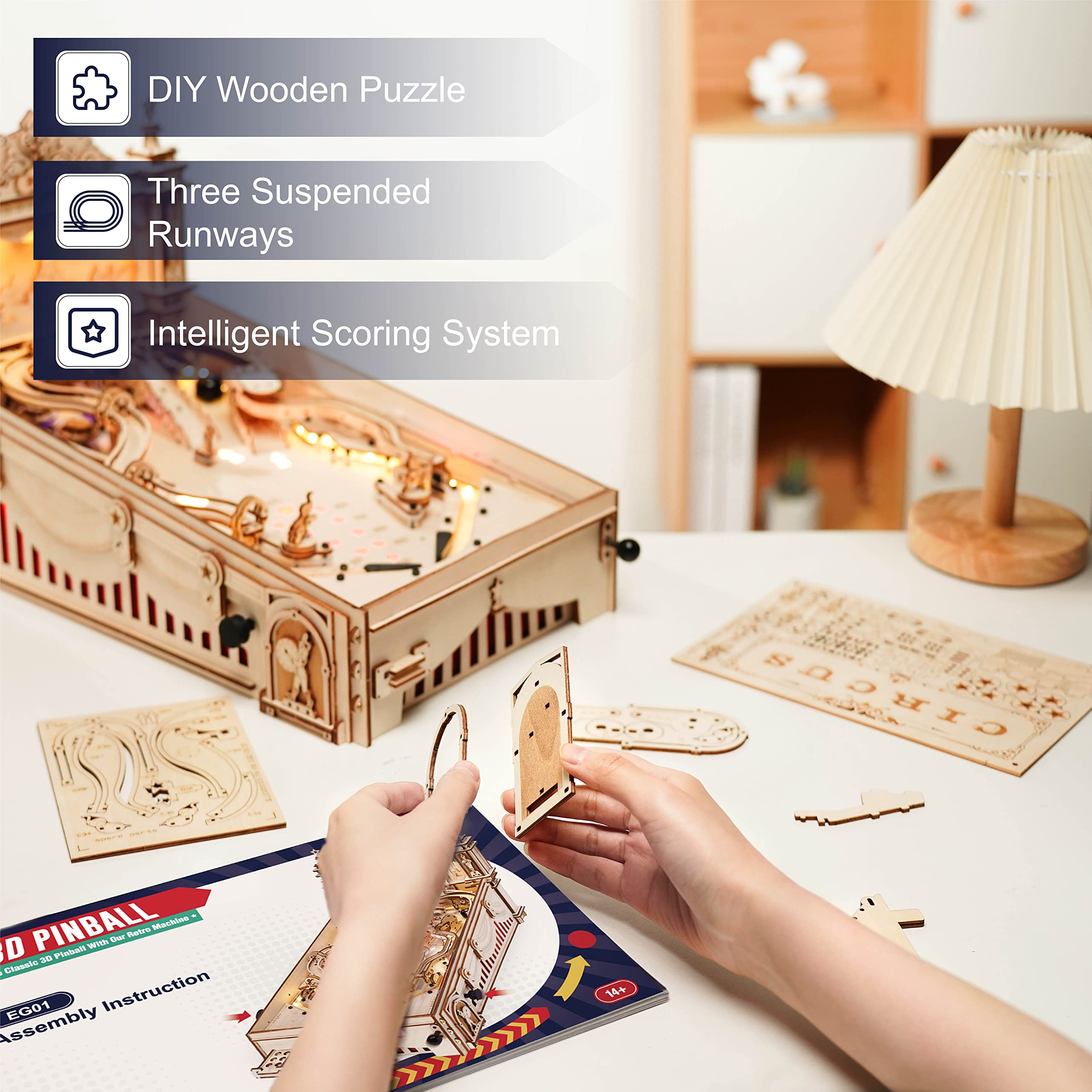 ROKR Miniature Pinball Machine - 3D Wooden Puzzle for Adults & Teens 14+, DIY Model Building Kit, STEM Educational Toy - Perfect for Home Decor, Office Desk & Gift Giving