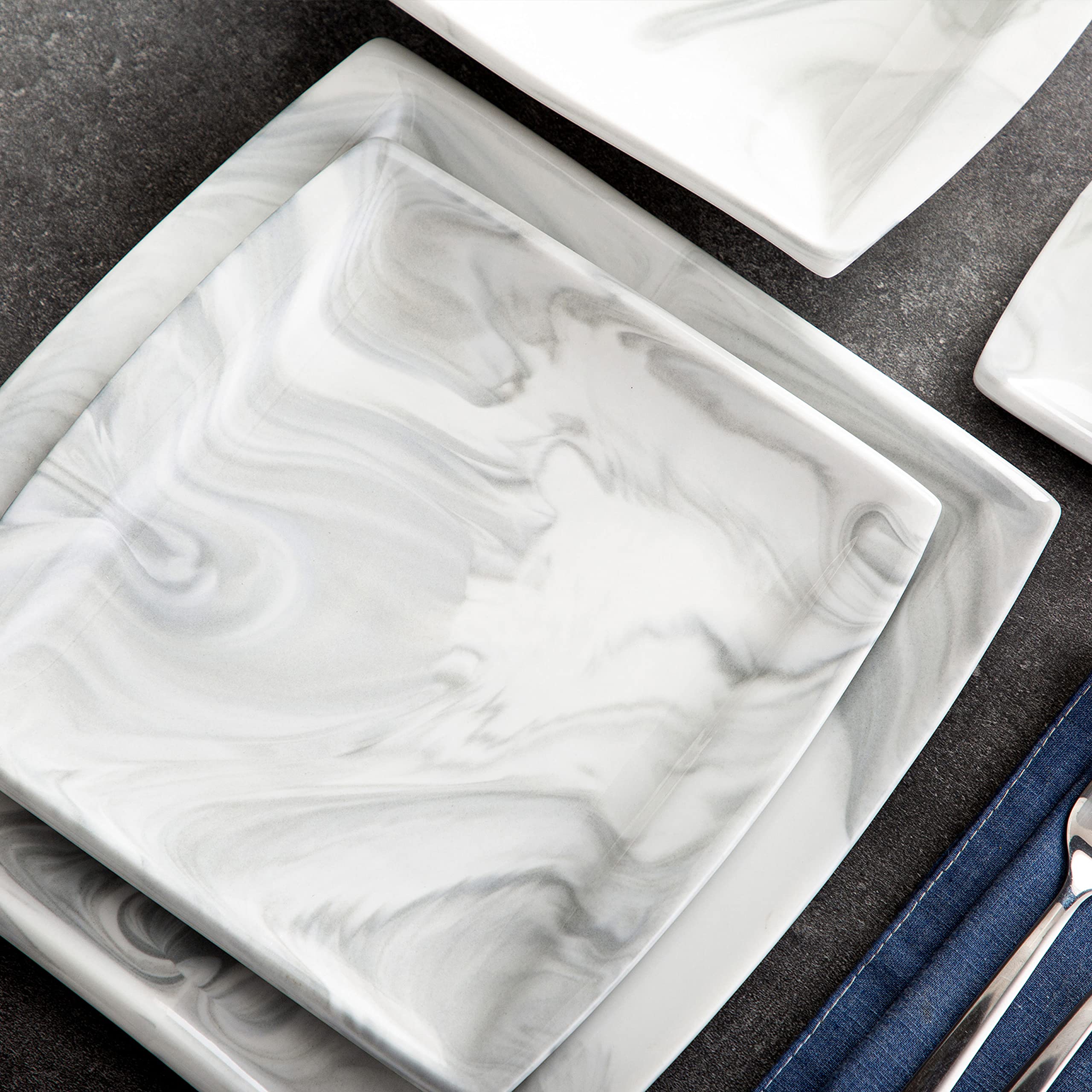 MALACASA 60-Piece Porcelain Dinnerware Set for 12 - Square Marble Plates, Bowls, Cups & Saucers - Modern White Dishware Set for Formal Dining, Restaurant, Wedding & Home Decor
