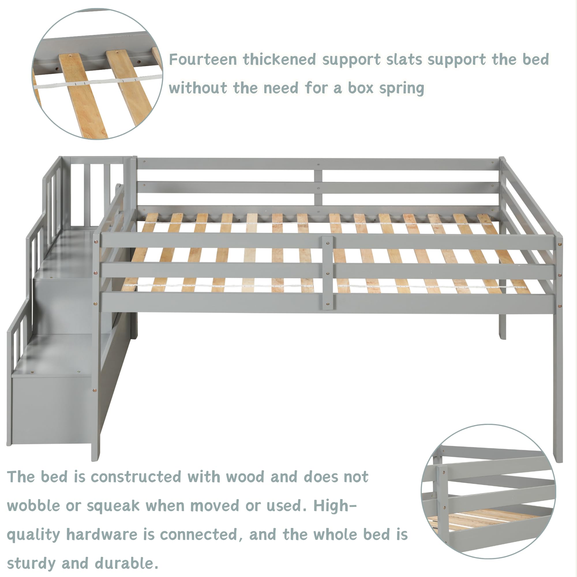 Bellemave Low Loft Twin Bed with Stairs & Storage - Sturdy Wooden Bed Frame for Kids, Teens, Boys & Girls - Space-Saving Gray Bedroom Furniture for Small Rooms, Dorms & Apartments