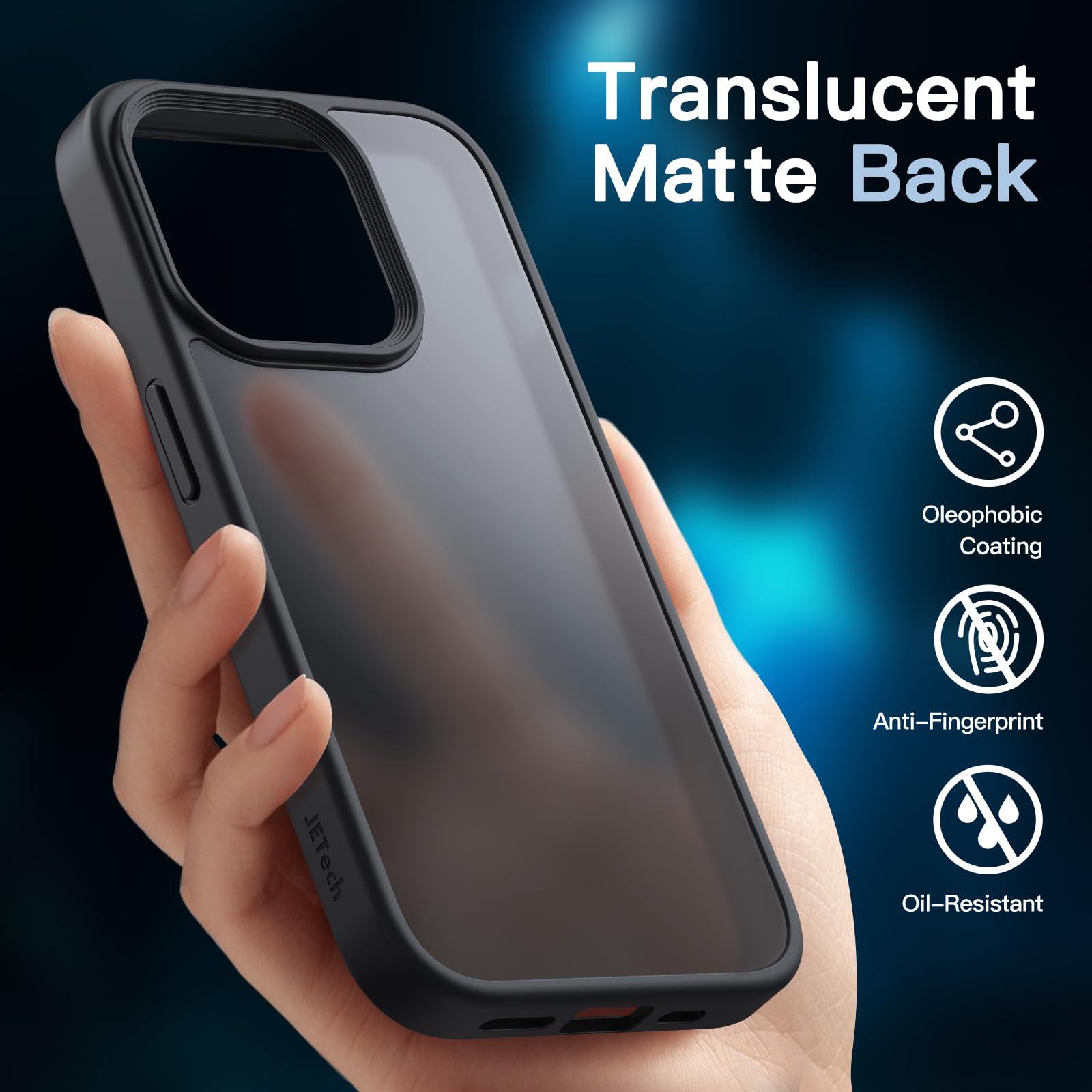 JETech 5-in-1 Matte Shockproof Case for iPhone 15 Pro Max 6.7-Inch with 2-Pack Tempered Glass Screen Protector & Camera Lens Protector - Translucent Back Protective Phone Cover (Black) | Perfect for Daily Use, Travel, and Outdoor Activities
