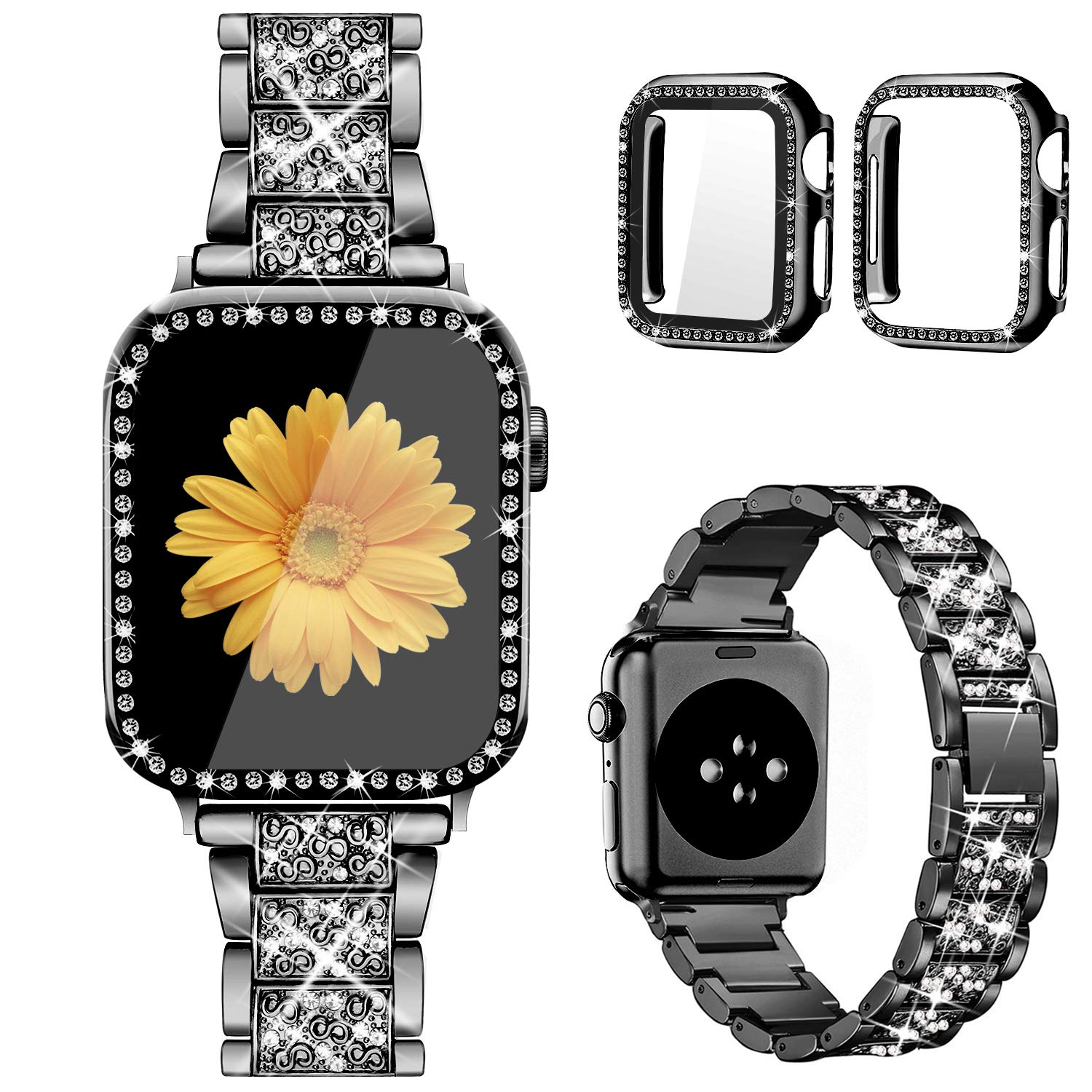 Mesime Compatible Apple Watch Band with Screen Protector Case - Jewelry Replacement Bands for 38mm/40mm/41mm/42mm/44mm/45mm/46mm - 2 Pack Protective Cover for iWatch Series 10/9/8/7/6/5/4/3/2/1/SE - Perfect for Women's Fashion, Workout & Everyday Wear