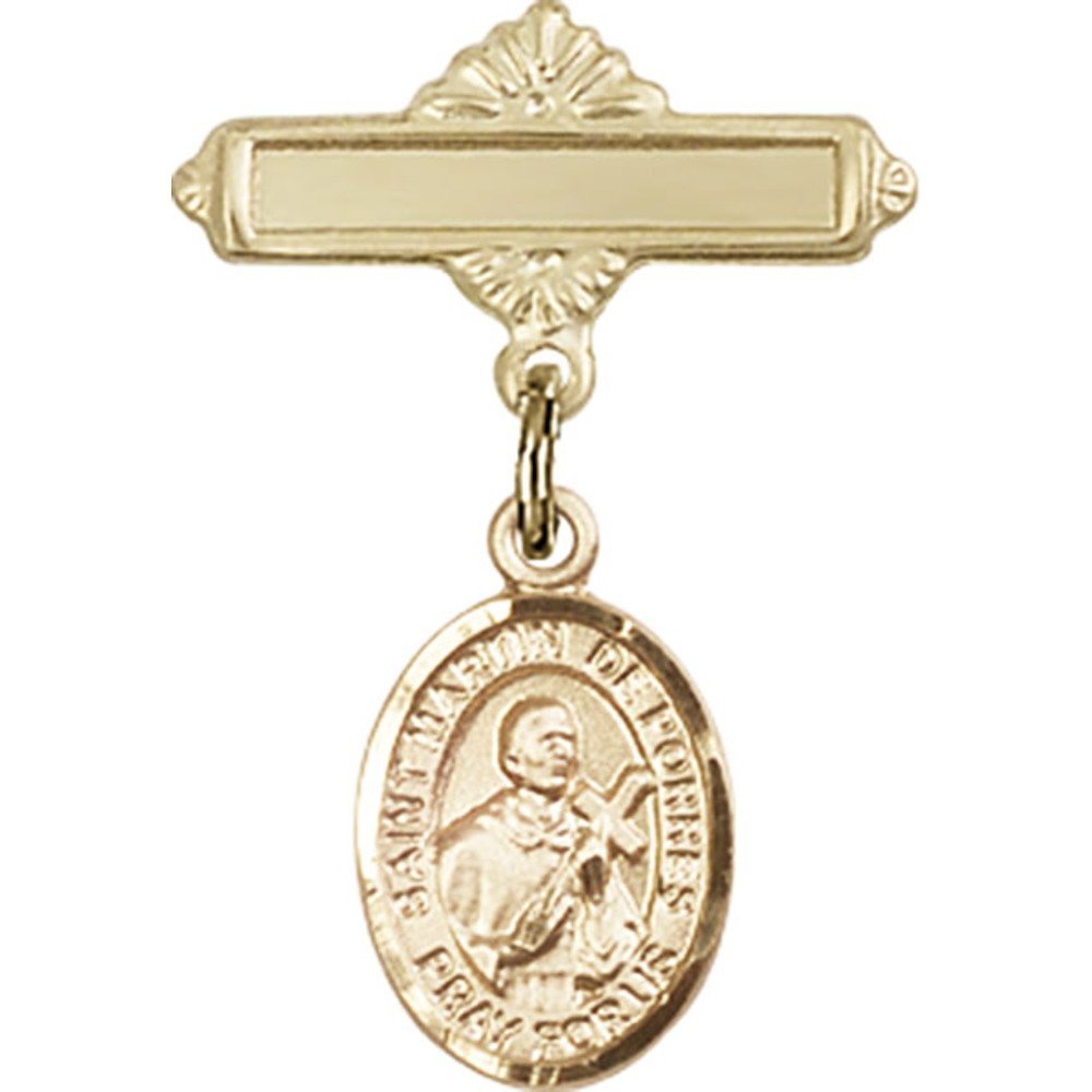 St. Martin de Porres Gold Filled Baby Badge Charm - 1 x 5/8 Inch Polished Religious Medal Pin for Baptism, First Communion & Catholic Gifts