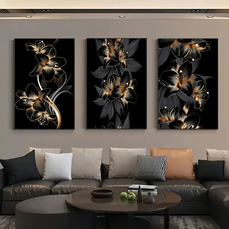 3-Piece Black and Gold Classic Metal Wall Art Prints - Ready to Hang Home Decor for Living Room, Bedroom & Office