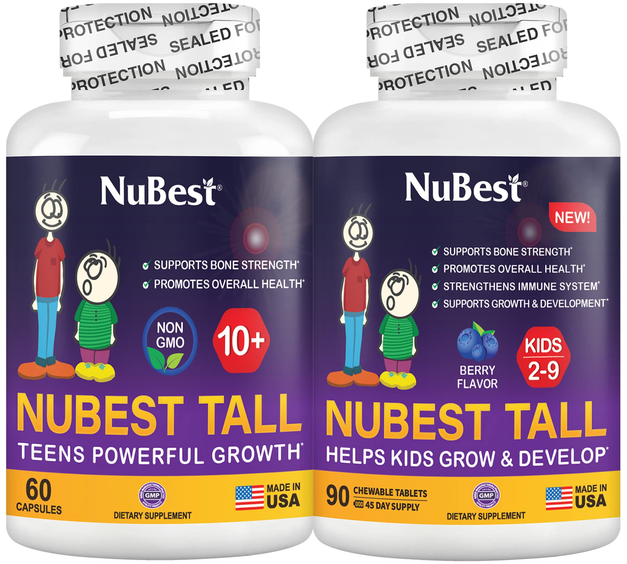 NuBest Tall 10+ Height Growth Supplement for Kids 60 Capsules & Healthy Growth Chewable 90 Tablets for Children 2-9 - Supports Bone Strength and Natural Growth - Ideal for Active Kids, Sports, and School Activities