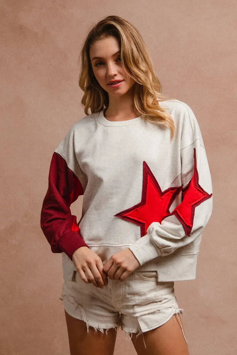 BiBi Star Patch & Spliced Hemline French Terry Long Sleeve Sweatshirt for Women - Cozy Casual Pullover for Fall & Winter Fashion | Perfect for Streetwear, Lounge Wear and Everyday Outfits