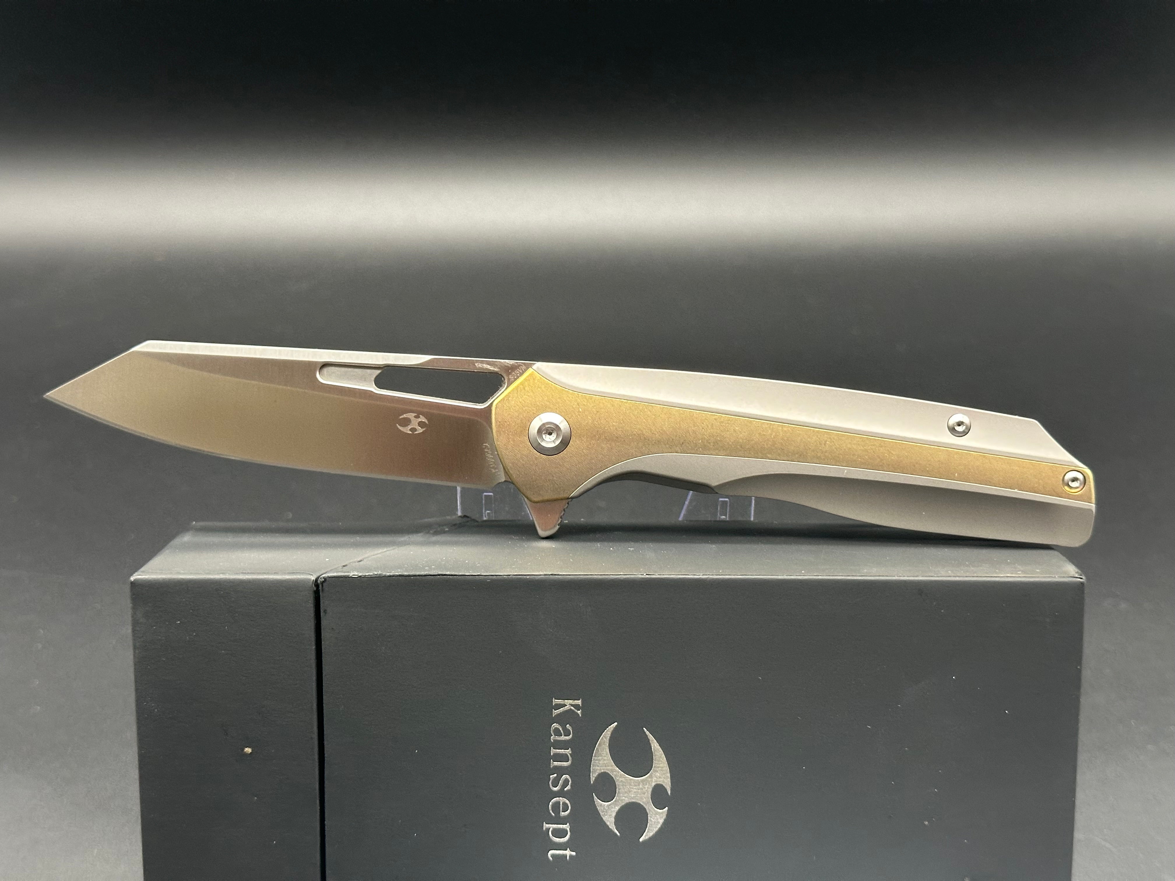 Kansept Shard Gray Titanium Frame Knife with Bronze Inlays - EDC Folding Pocket Knife for Outdoor, Camping, and Everyday Carry