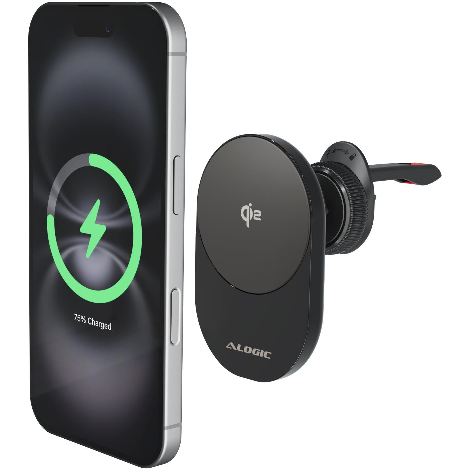 Alogic Clip Qi2 Fast Wireless Car Charger - 15W Magnetic Phone Mount for iPhone 15/14/13, Samsung Galaxy - Perfect for Commuting & Road Trips