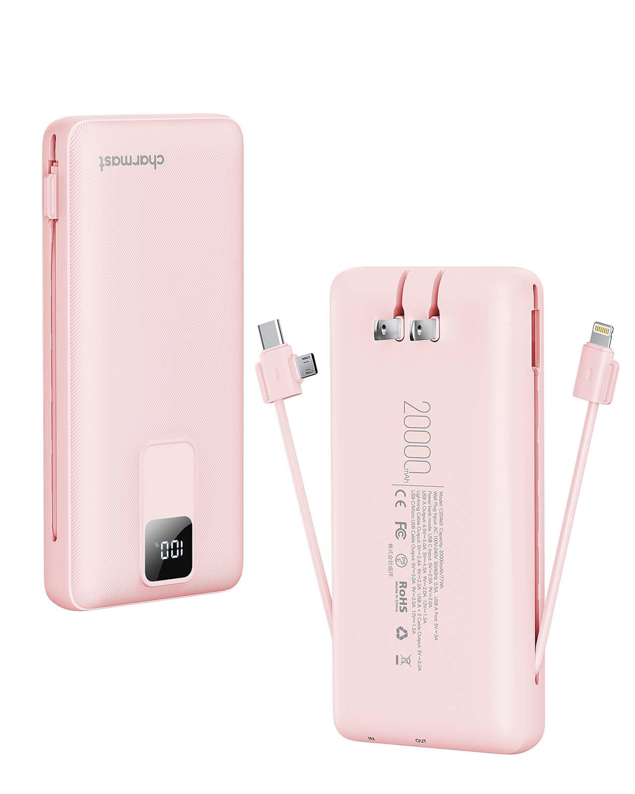 Charmast 20000mAh Portable Charger with Built-in Cables & Wall Plug - 20W Fast Charging Power Bank for iPhone 16/15/14/13, Samsung, Google, iPad - Perfect for Travel, Camping & Emergency Power Backup