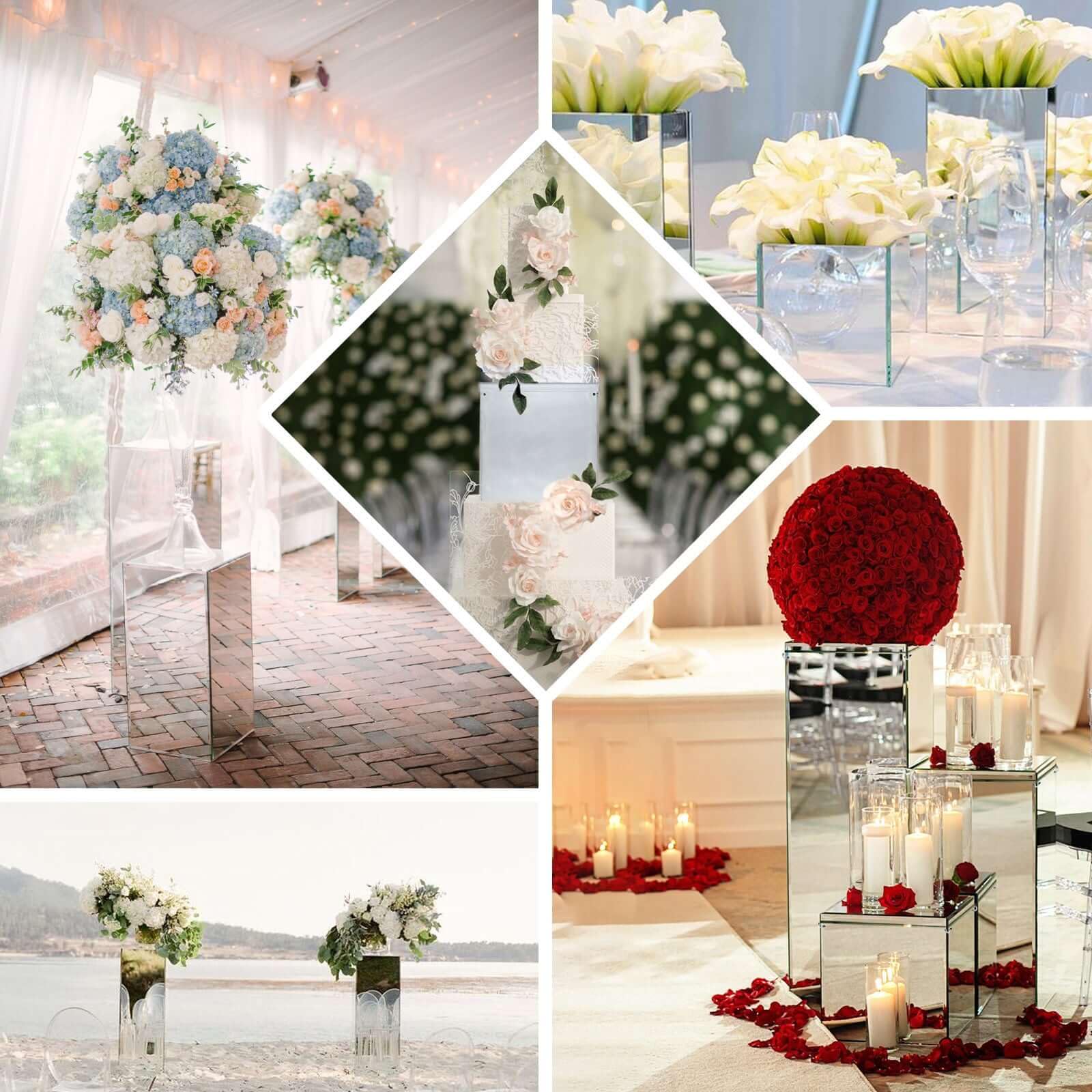 Efavormart 5-Piece Silver Mirror Finish Wedding Decor Set - Clear Display Box for Centerpieces with Interchangeable Lid & Base - Perfect for Bridal Showers, Receptions & Special Events