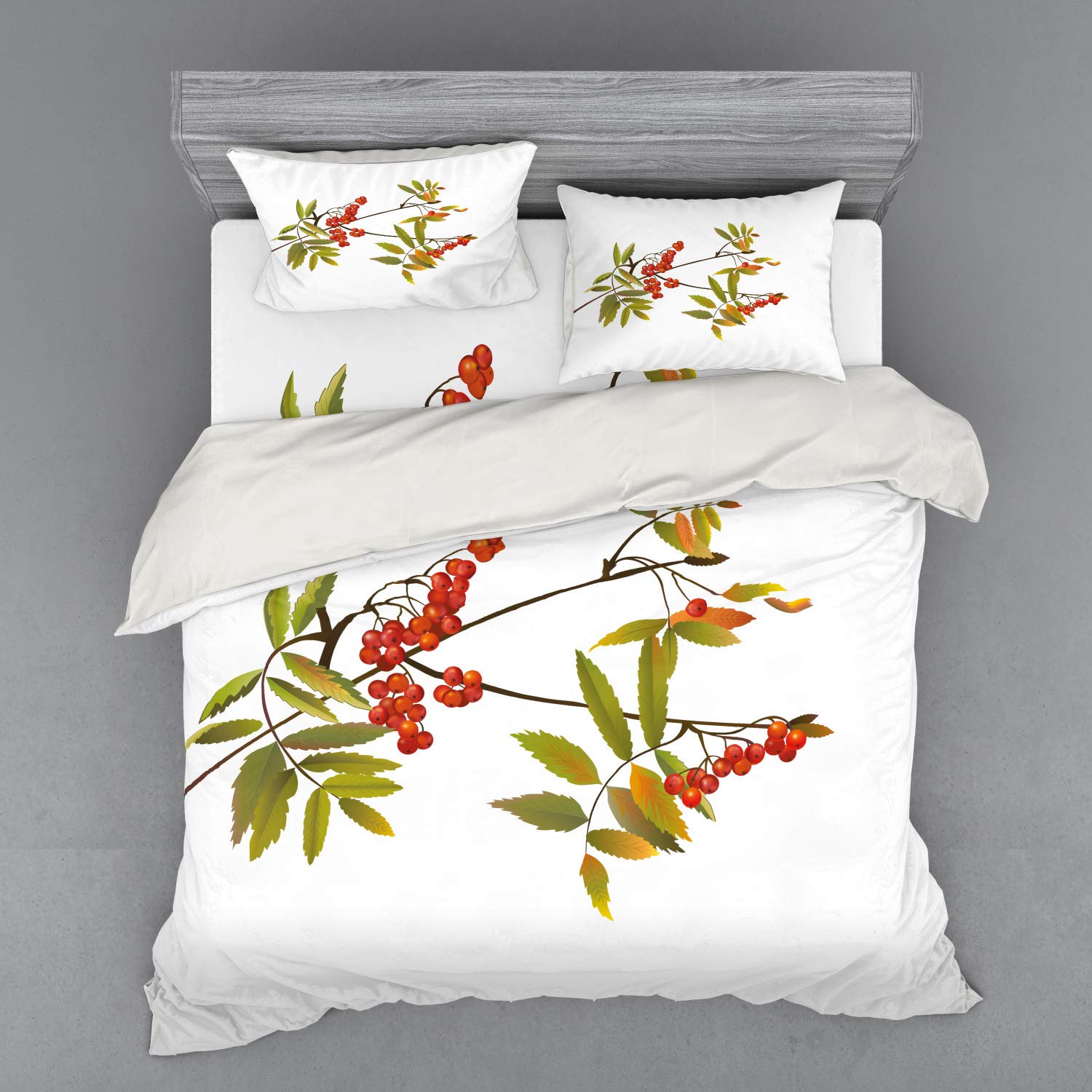 Ambesonne Rowan King Size Duvet Cover Set - 3 Piece Botanical Ashberry Tree Branch Design, White Green Ruby Spring Gardening Theme | Perfect for Master Bedroom, Guest Room & Seasonal Decor