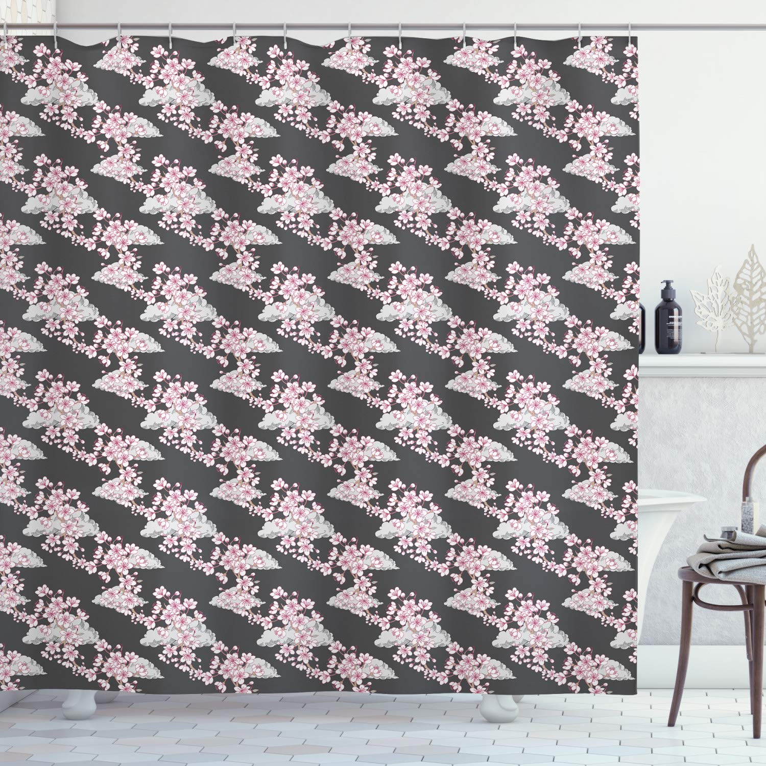 Ambesonne Japanese Cherry Blossom Shower Curtain - Sakura Branches with Abstract Grey Background, 69x70 Inch Waterproof Fabric Bathroom Decor with Hooks - Perfect for Zen, Asian & Modern Bathroom Themes