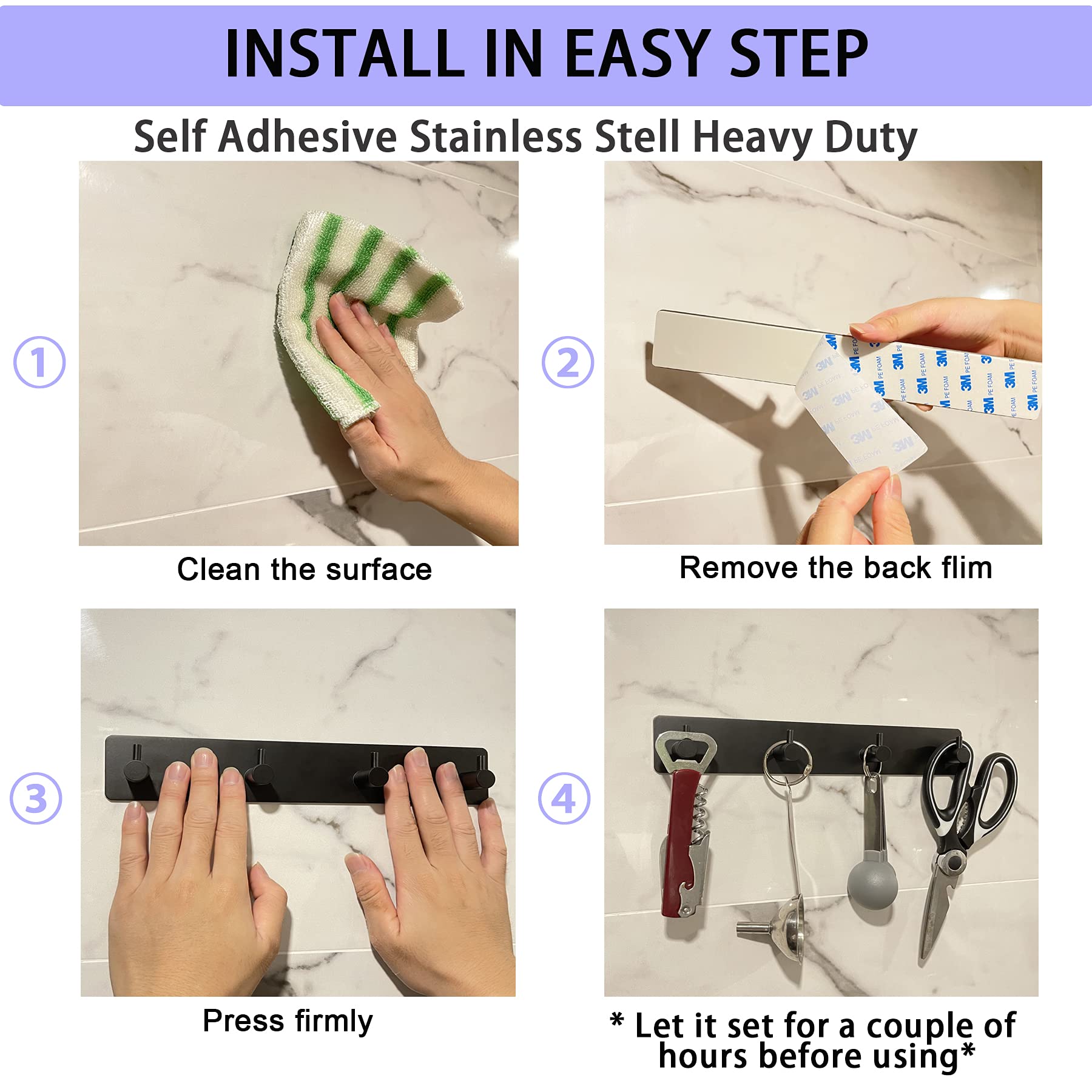 Stainless Steel Wall Mount Key Holder with 4 Hooks - Decorative Key Organizer & Towel Hanger for Entryway, Kitchen, Bedroom, Bathroom - Space Saving Adhesive Wall Hook for Keys, Coats & Accessories (Black)