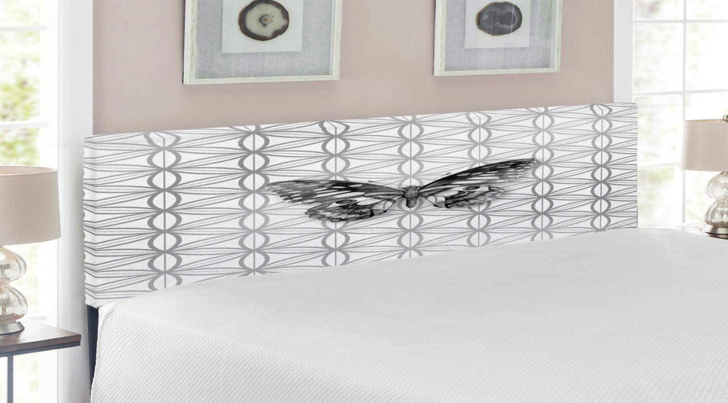Ambesonne King Size Upholstered Headboard with Memory Foam - Modern Butterfly & Geometric Design in White & Grey - Perfect for Bedroom Decor & Contemporary Home Styling