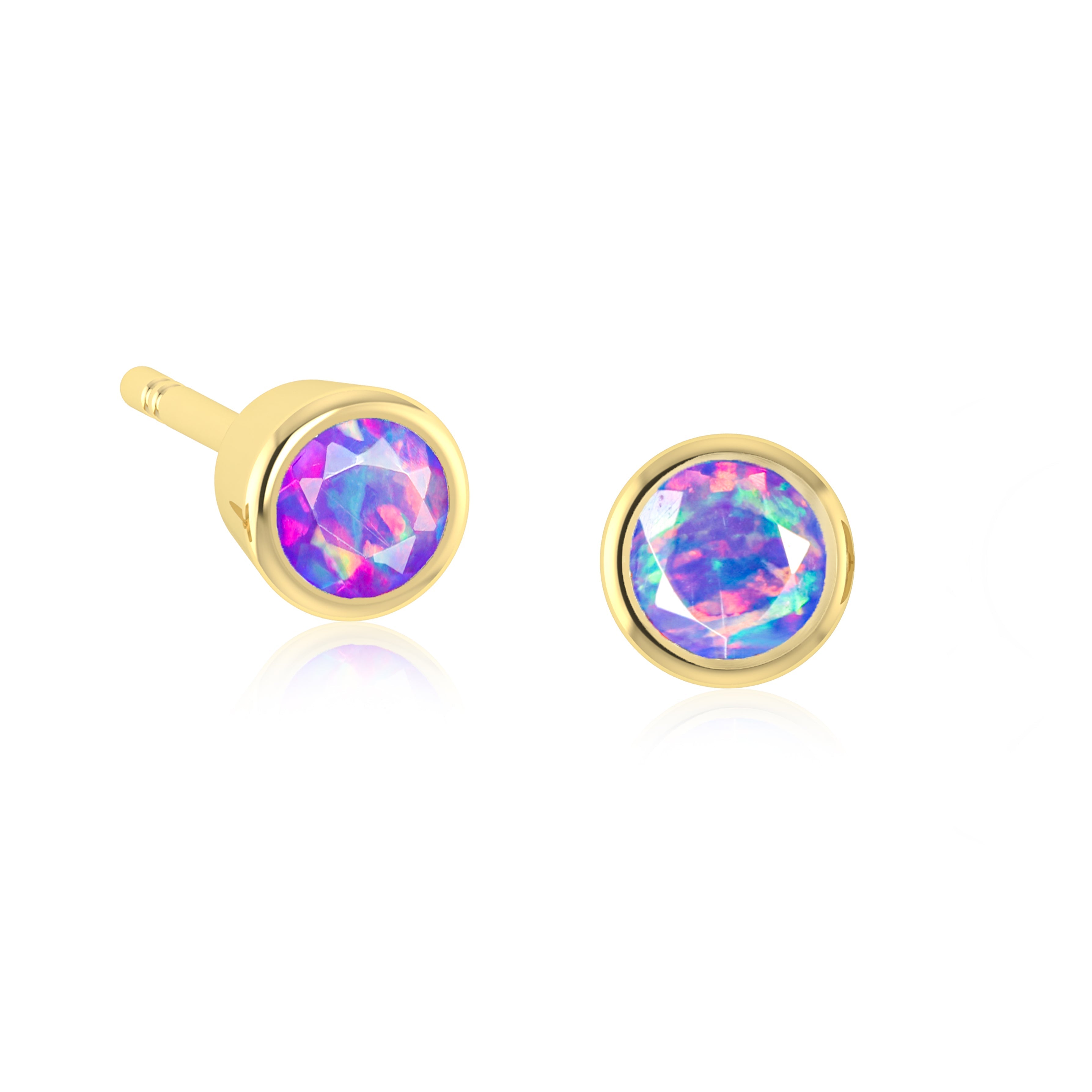 Lavender Fire Round Opal Bezel Stud Earrings for Women - Dainty Sterling Silver Jewelry - Perfect for Weddings, Parties & Everyday Wear