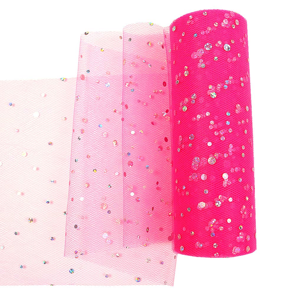 Laser Sequin Glitter Tulle Fabric Rolls - 6 Inch x 10 Yards (30 Feet) - Dark Pink Tulle Ribbon for Wedding Decor, Table Runners, Chair Sashes, DIY Tutu Skirts, Unicorn Party Decorations, Birthday Gifts & Crafting Supplies - Perfect for Sewing, Costumes and Special Events
