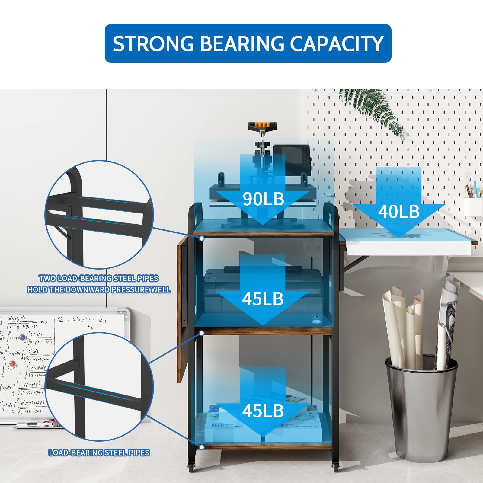 PUNCIA 3-Tier Heavy Duty Rolling Heat Press Table - Foldable Heat Transfer Machine Stand with Metal Shelves for Sublimation Printing | Portable Workbench for T-Shirt, Mug & DIY Crafts | Home & Workshop Organization Storage Solution