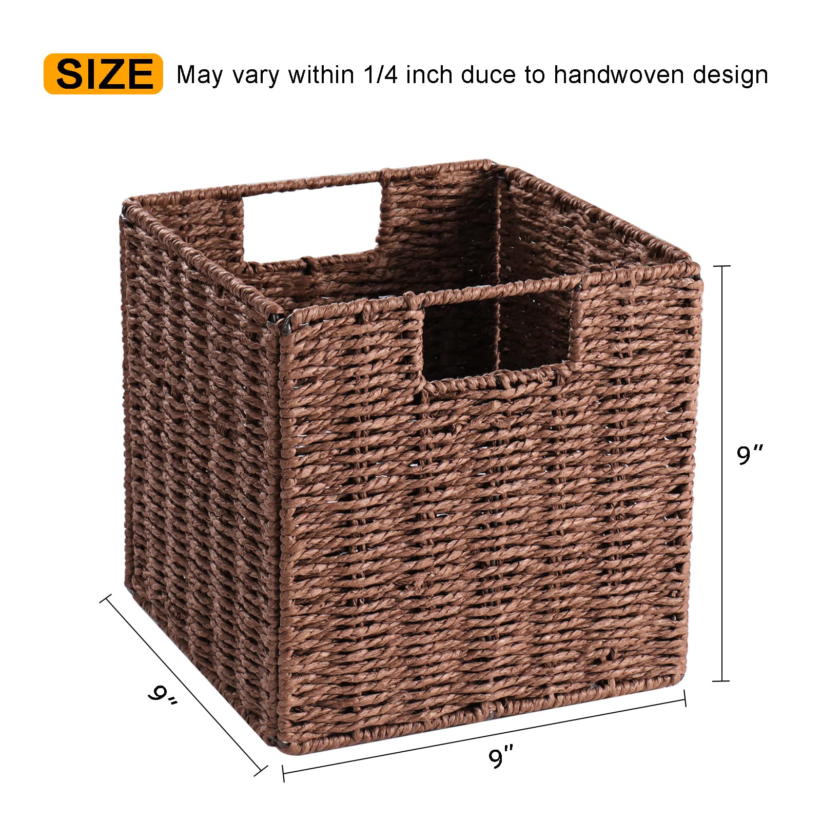 Vagusicc Wicker Storage Basket Set of 2 - Hand-Woven Foldable Cube Bins with Handles for Shelves - 9 Inch Small Woven Baskets for Pantry, Bedroom & Home Organization - Brown - Perfect for Closet Storage, Laundry Room & Nursery Decor