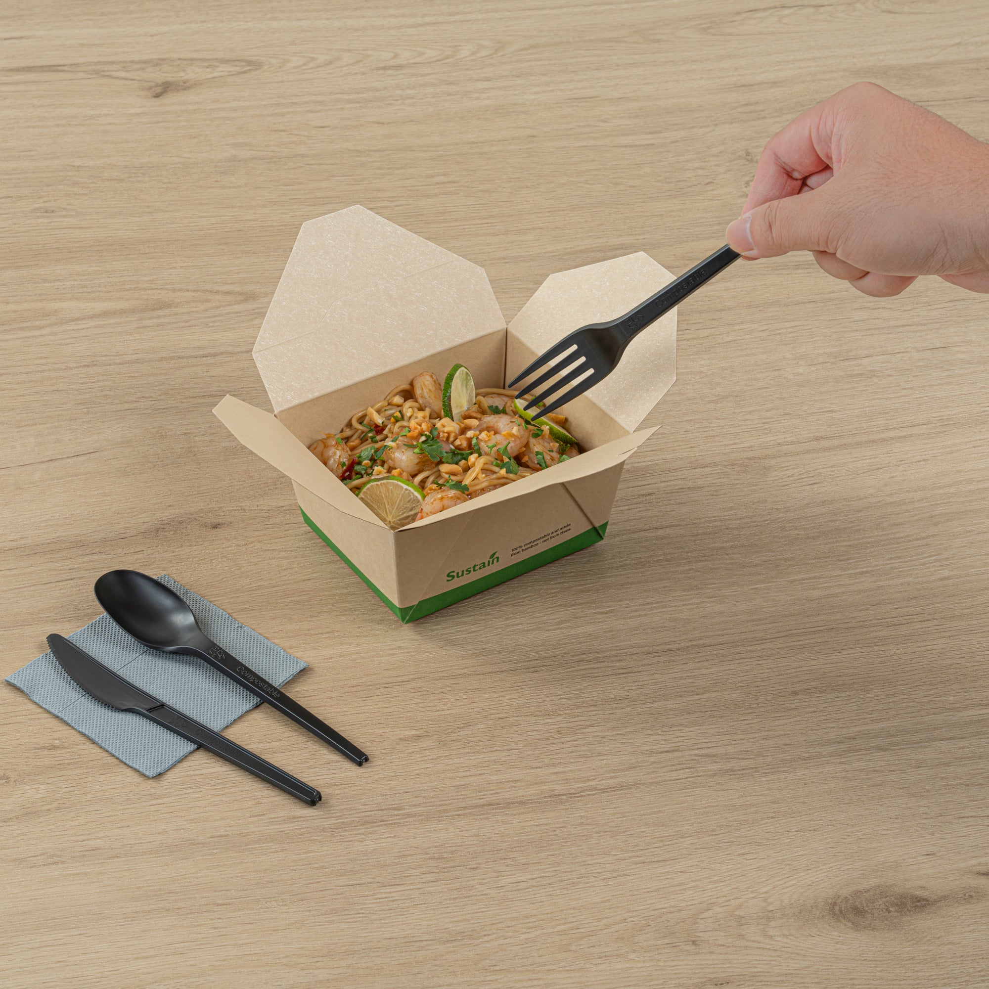 Eco-Friendly Black CPLA Plastic Cutlery Set - 100-Piece Compostable Cutlery with Heat-Resistant Wrapper (6.5