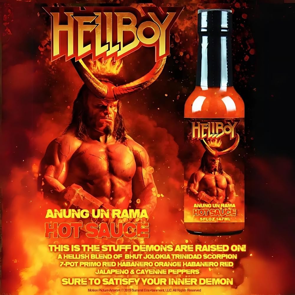HELLBOY ANUNG UN RAMA Hot Sauce - Officially Licensed 2019 Movie Hot Sauce with Bhut Jolokia & Trinidad Scorpion Peppers | Spicy Gift for Movie Fans, Hot Sauce Lovers & BBQ Enthusiasts | Perfect for Wings, Tacos, Burgers & Hellboy Movie Nights