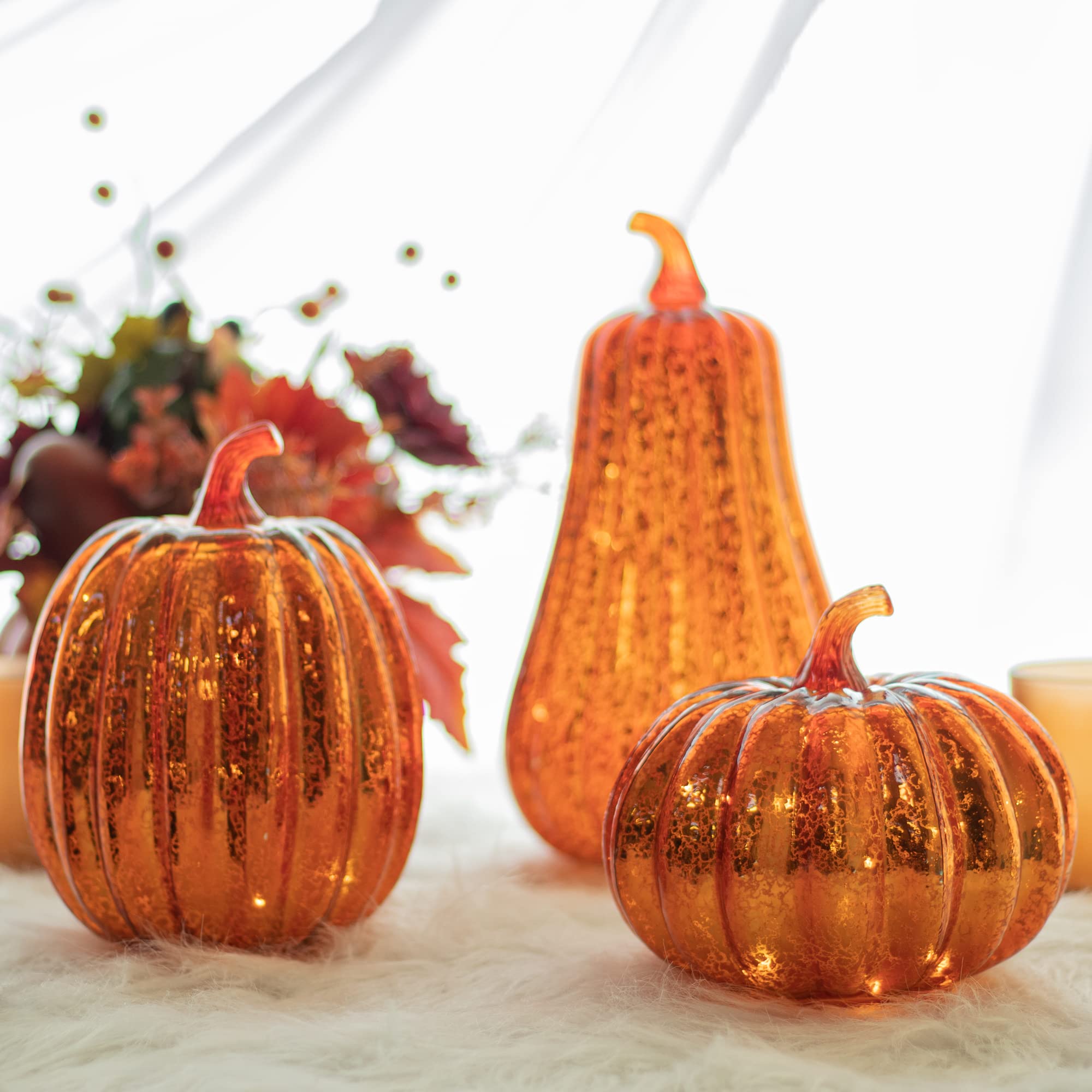 KI Store Set of 3 Battery Operated Glass Pumpkin Lights with Timer - Mercury Glass Halloween Decorations for Fall, Thanksgiving, Home & Party Decor | Indoor & Outdoor Use