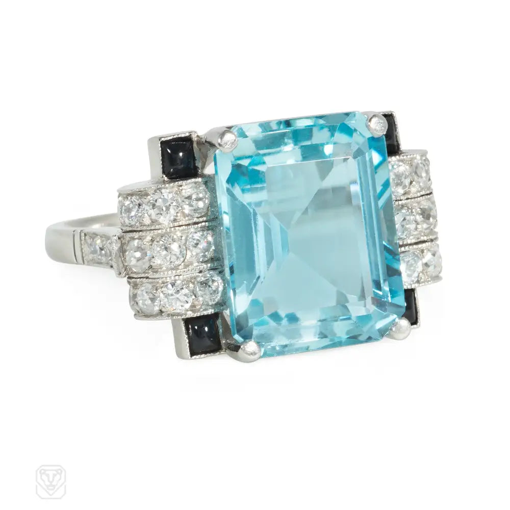 Art Deco Onyx, Diamond & Aquamarine Vintage Ring – Elegant Statement Jewelry for Weddings, Parties & Special Occasions