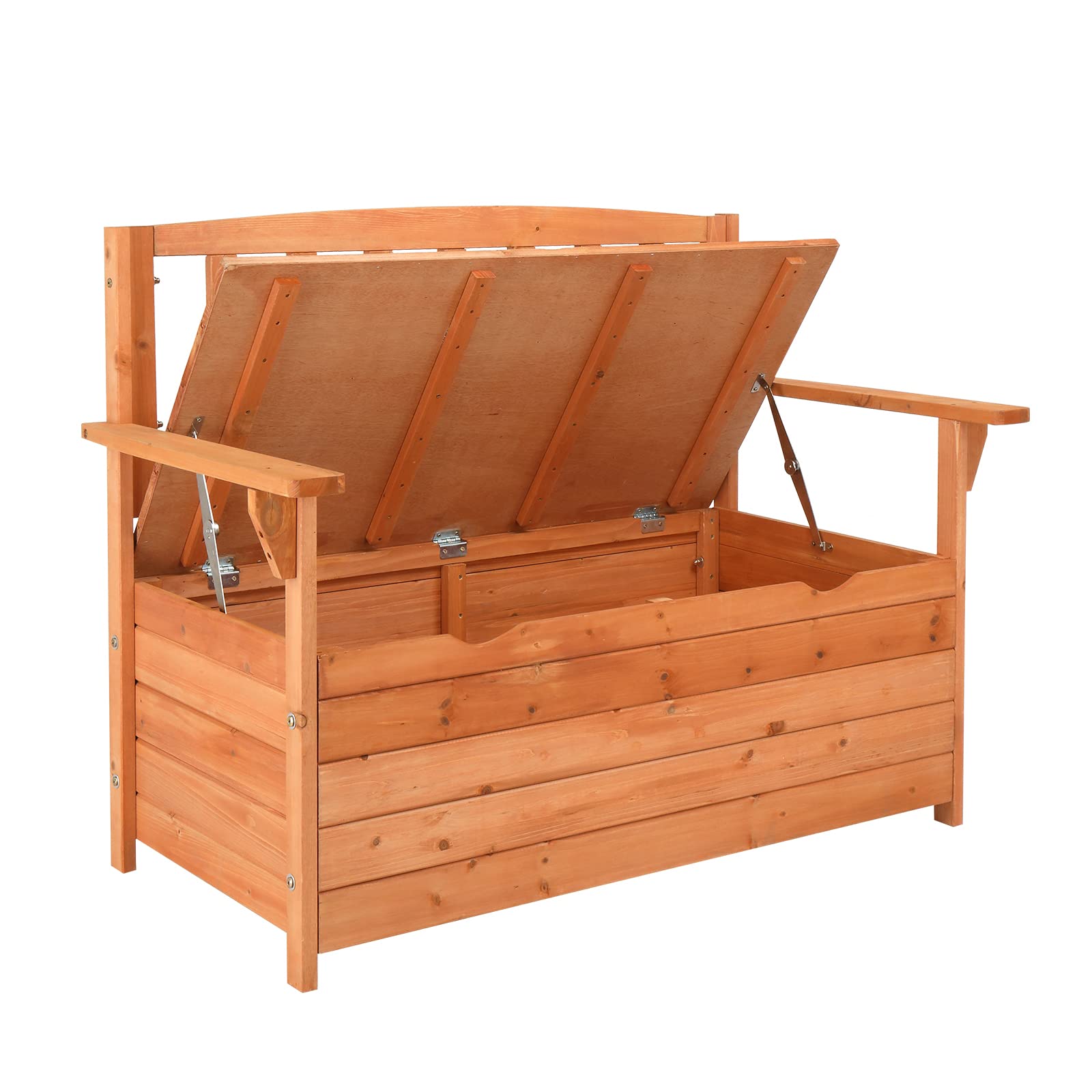 **44-inch Cedar Outdoor Storage Bench with Backrest & Armrests - Weatherproof Patio Seating & Deck Storage Box in Vibrant Orange-Red - Perfect for Garden, Porch & Backyard Organization**
