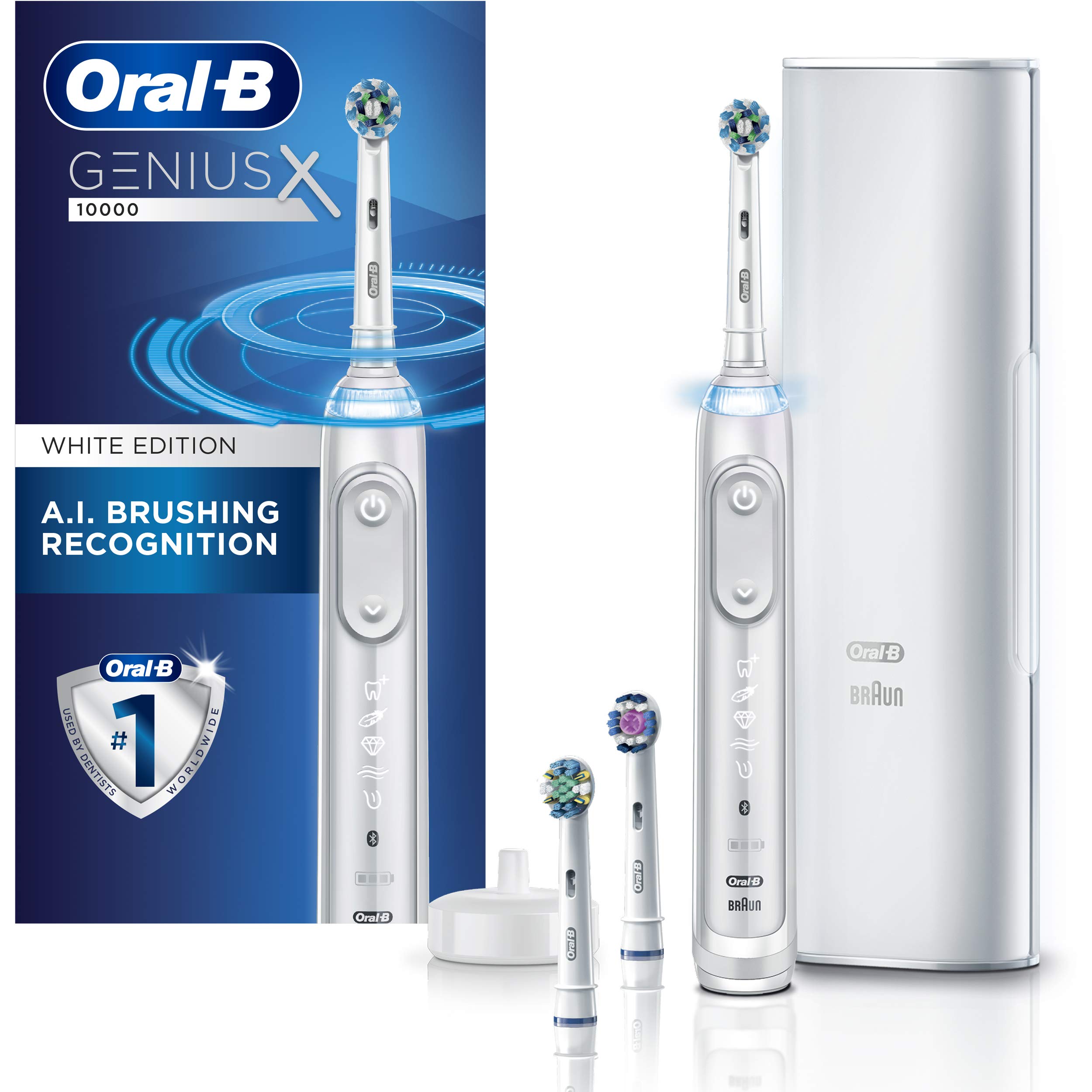 Oral-B GENIUS X Electric Toothbrush with 3 Replacement Brush Heads & Travel Case - Advanced AI Toothbrush for Professional Cleaning, White (Packaging May Vary) - Perfect for Home Use, Travel & Daily Oral Care Routine