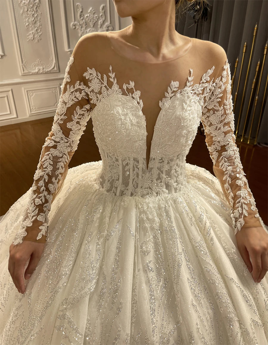 Elegant Long Sleeve Off-White Lace Ball Gown Wedding Dress - Luxury Bridal Gown for Romantic Ceremonies & Formal Events
