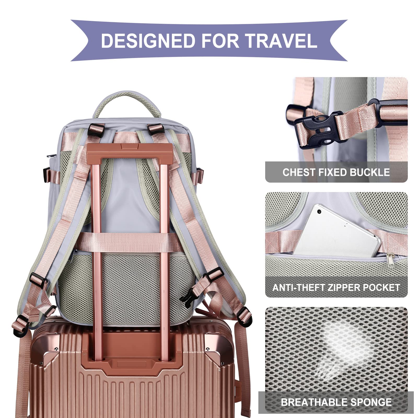 SEAFEW Women's Travel Backpack - 15.6 Inch Flight Approved Carry On Backpack, Waterproof Hiking Daypack & Business Laptop Bag for Outdoor, Commuting & Air Travel - B4 Grey Purple