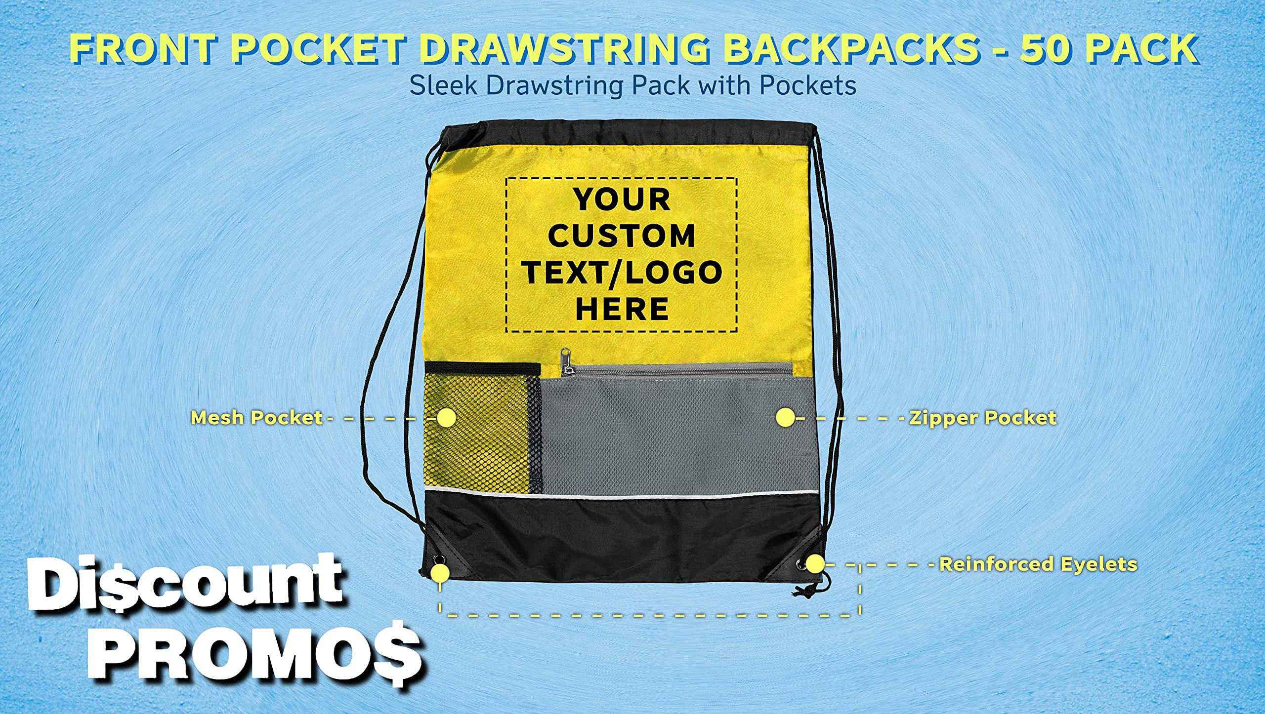 Custom Front Pocket Drawstring Backpacks - Bulk Set of 50, Personalized Reusable Lightweight Sports Bags for Promotional Events, School, Gym & Travel - Yellow Backpack with Drawstring Closure