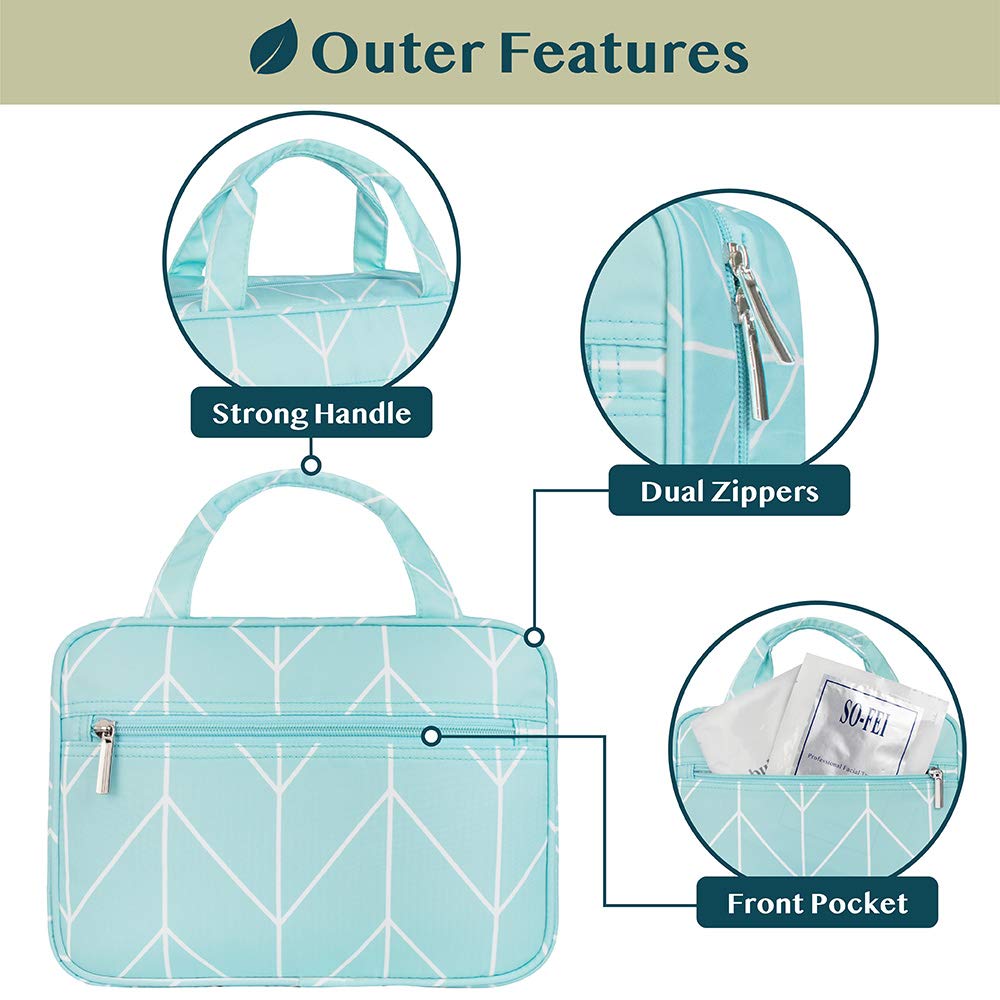 PAVILIA Hanging Travel Toiletry Bag for Women & Men - Foldable Water-Resistant Cosmetic Organizer, Roll-Up Makeup Bag with Large Capacity - Perfect for Camping, Gym, Business Trips & Vacation Essentials (Teal Chevron)