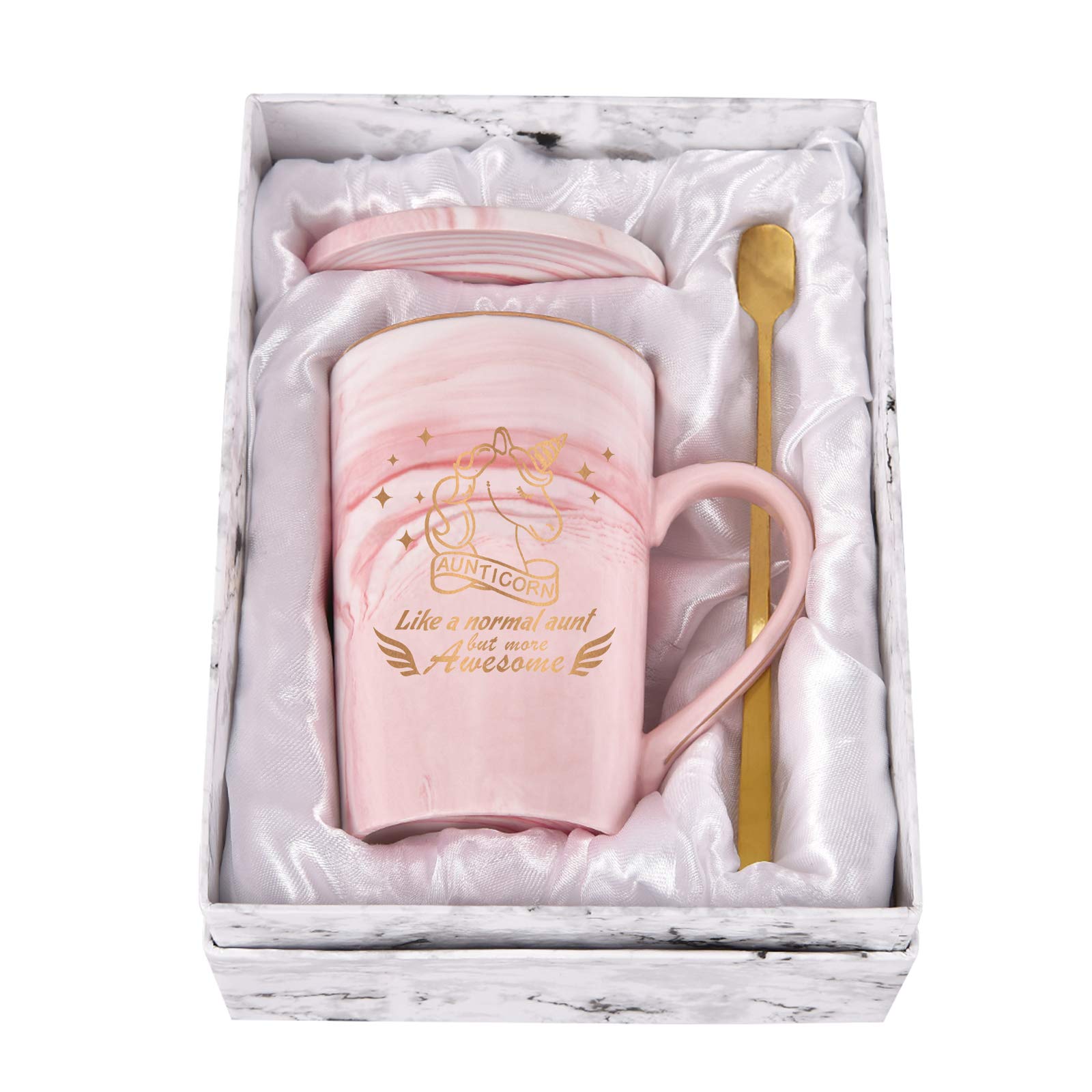Unicorn Coffee Mug for Aunts - Best Auntie Gift from Niece or Nephew - 14oz Marble Ceramic Mug with Gift Box, Coaster & Spoon - Perfect for Christmas, Birthday, Mother's Day & Daily Coffee Time