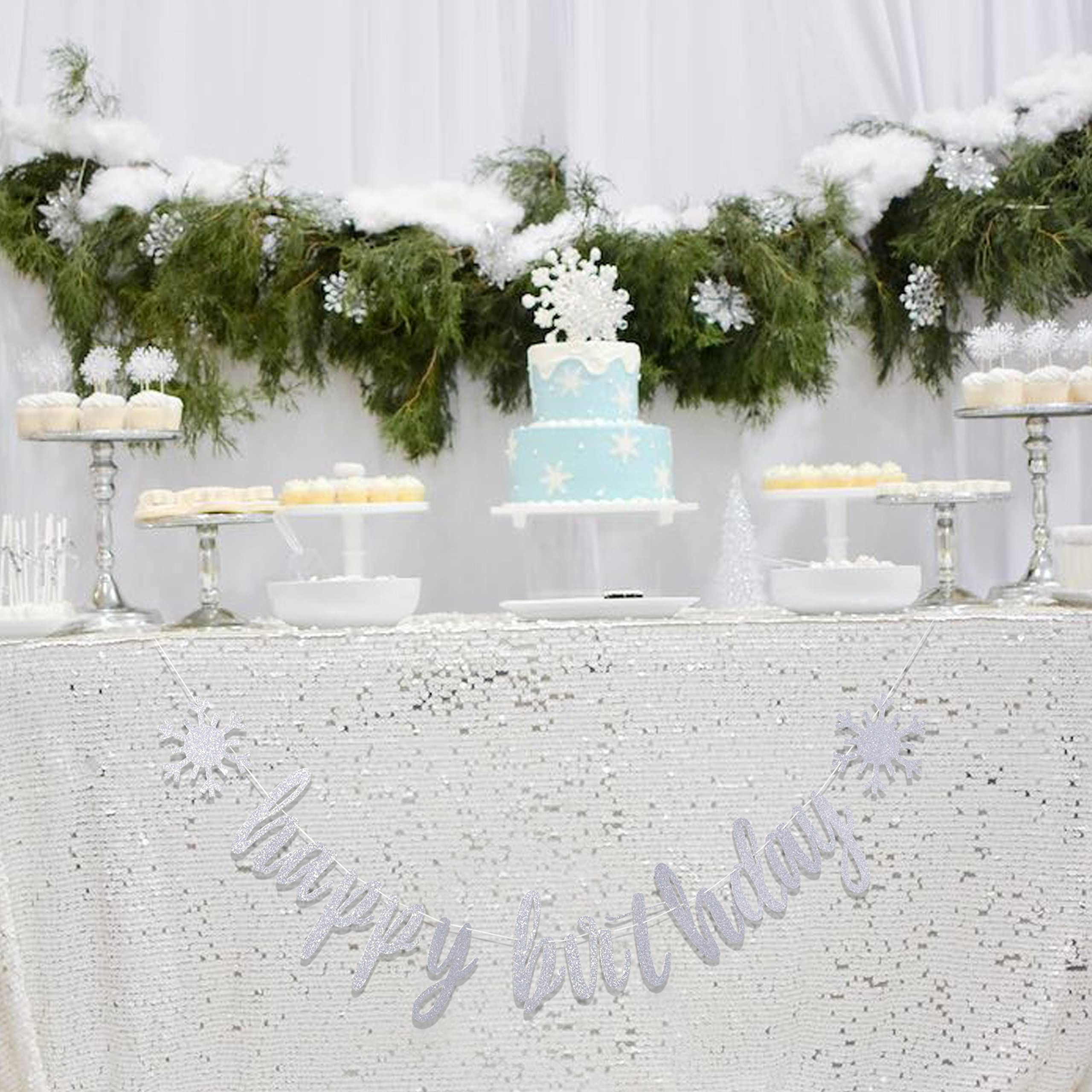 Silver Happy Birthday Banner - Snowflake Birthday Party Decoration, Glitter Bunting for Winter Wonderland Theme, Snowflake Garland for Birthday & Holiday Celebrations | Perfect for Winter Parties, Christmas Decor, and New Year Events