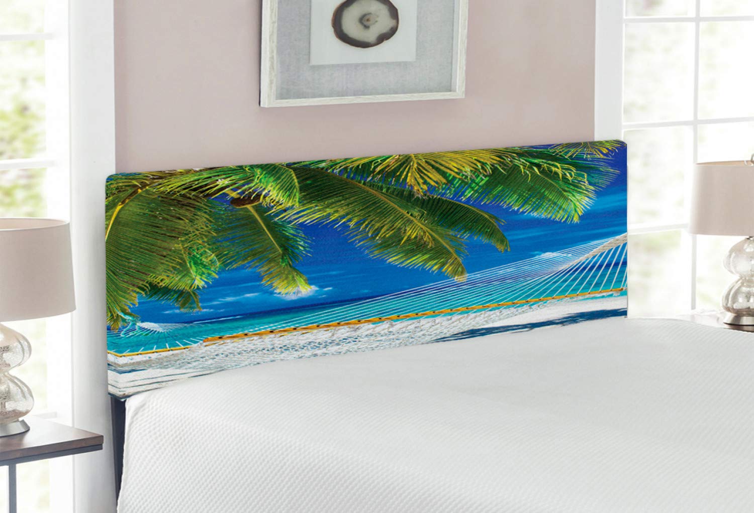 Ambesonne Beach-Themed Upholstered Headboard - Full Size Cream Navy Green Memory Foam Bed Headboard with Tropical Palm & Ocean View Design | Perfect for Coastal Bedrooms, Vacation Homes & Boho Decor