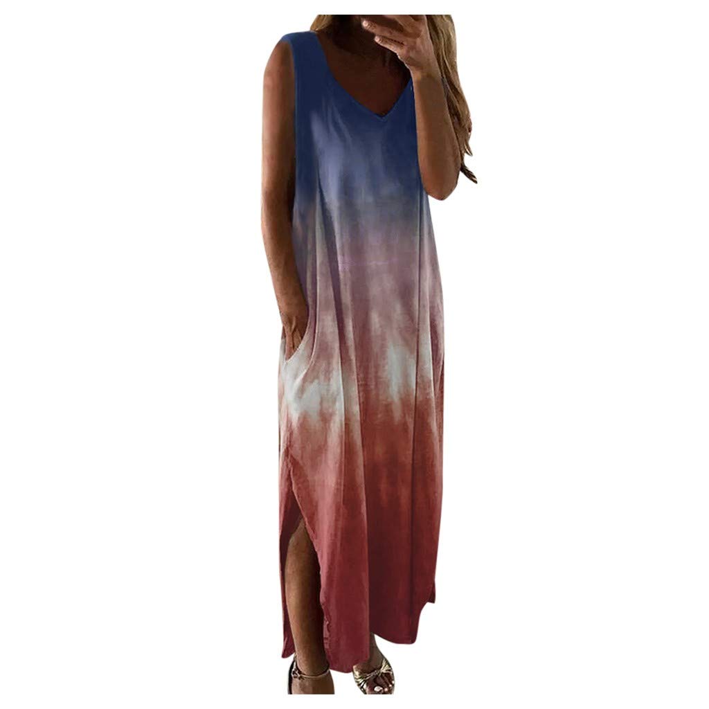 Stylish Women's Maxi Dress with Pockets - V-Neck Casual Summer Dress, Flowy Sleeveless Tie-Dye Print Long Dress for Beach, Vacation & Everyday Wear
