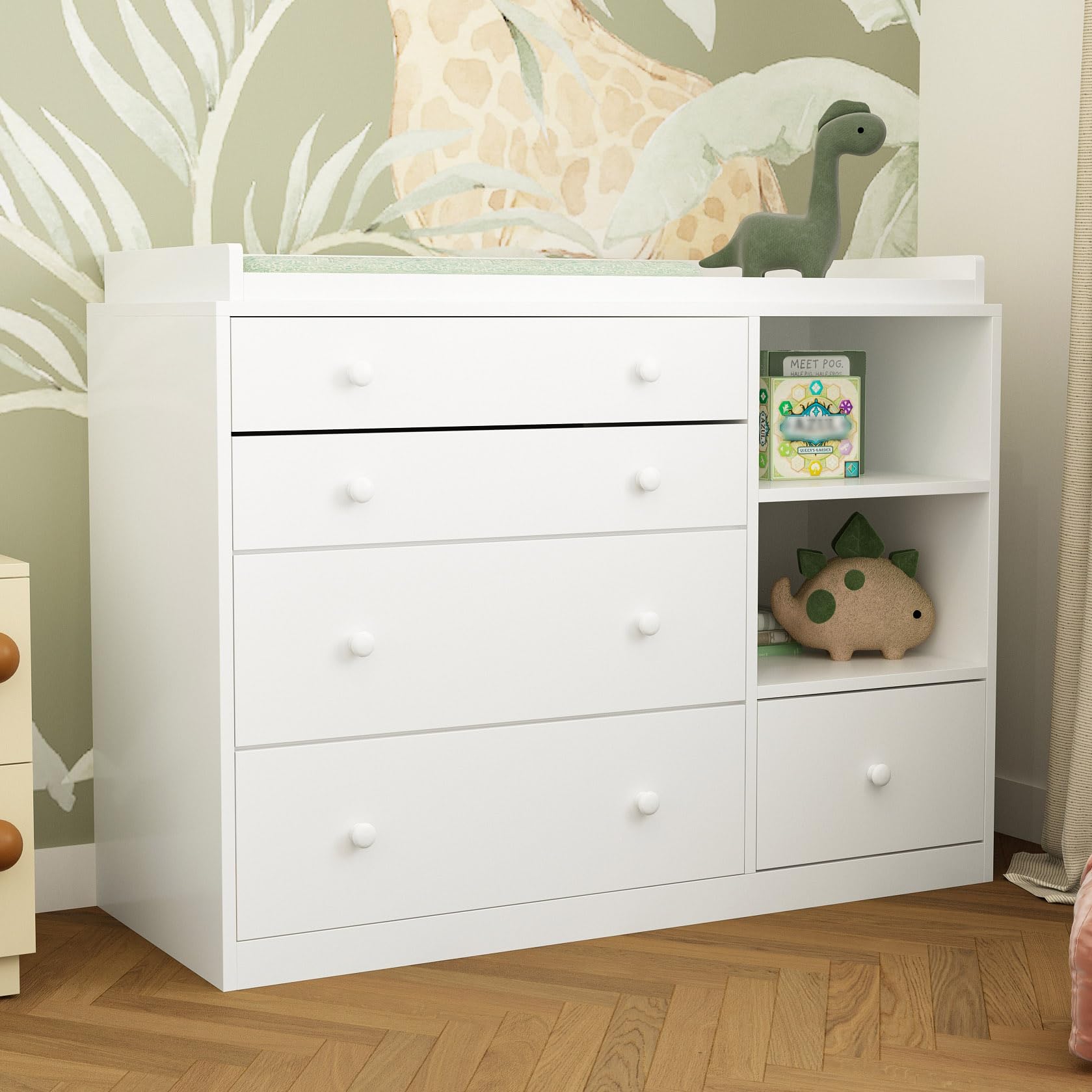 White 5-Drawer Baby Changing Table Dresser with 2 Shelves - Multi-Functional Nursery Dresser & Diaper Changing Station for Kids Room | Perfect for Baby Essentials Storage & Organized Nursery Decor