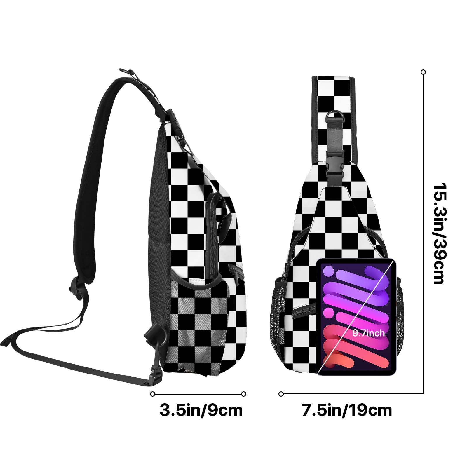 Yrebyou Black & White Checkered Crossbody Sling Bag - Lightweight Chest Backpack for Women & Men - Perfect for Travel, Hiking, Biking, Running & Outdoor Activities - Multipurpose Fashion Shoulder Bag