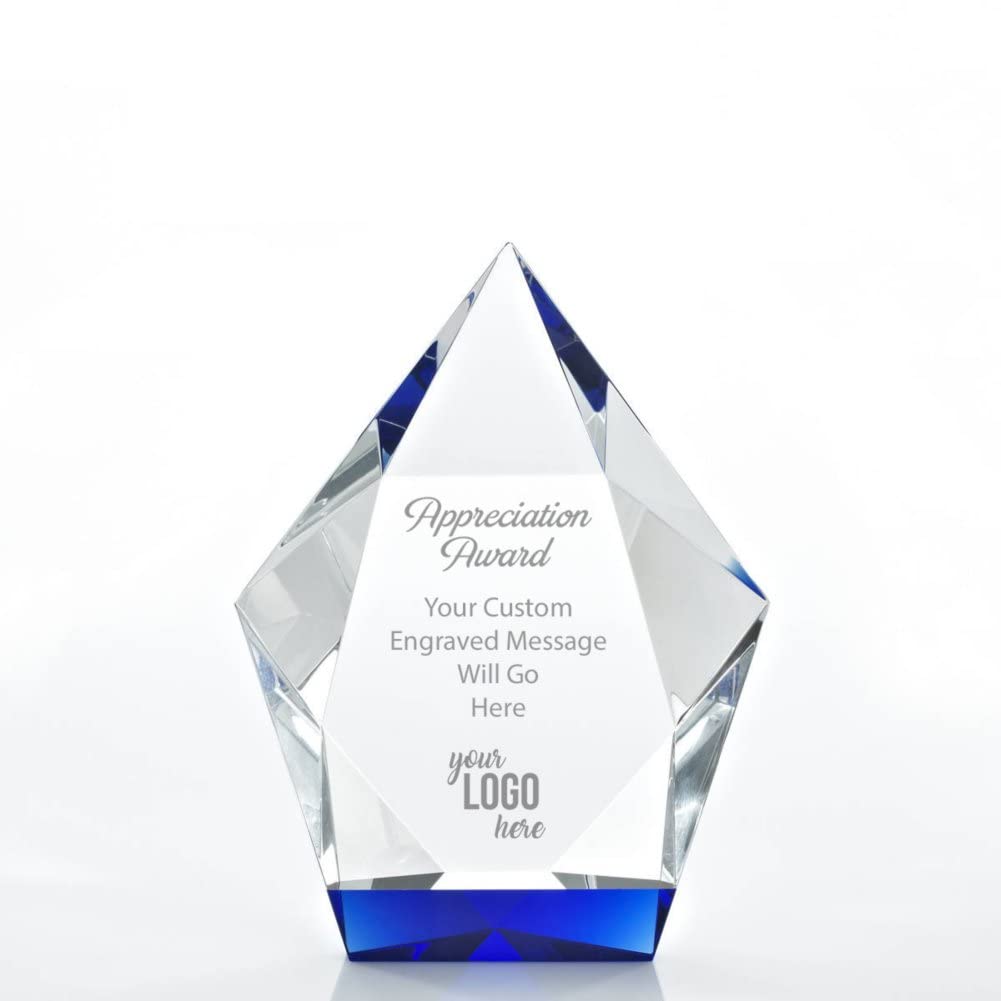 Baudville Engraved Crystal Trophy with Blue Base - Custom Employee Award - Personalized Engraving - Gift Box Included - Perfect for Corporate Recognition, Milestone Celebrations & Retirement Gifts