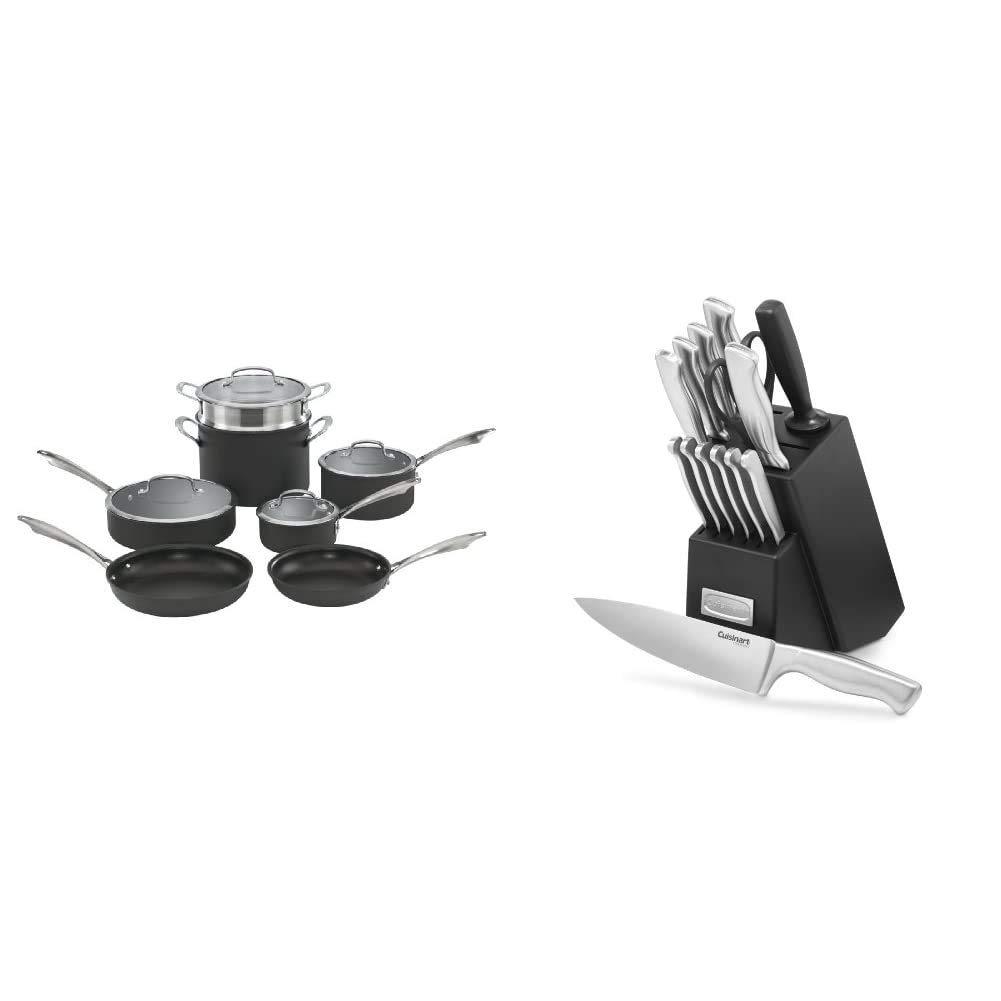Cuisinart 11-Piece Hard-Anodized Dishwasher Safe Cookware Set - Black & 15-Piece Stainless Steel Hollow Handle Knife Block Set | Professional Kitchen Essentials for Cooking, Baking & Food Prep