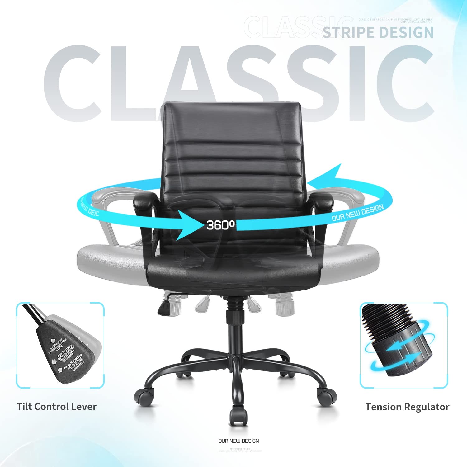Devoko Mid Back Office Chair - PU Leather Executive Desk Chair with Padded Arms, Swivel & Rolling Wheels - Ergonomic Computer Task Chair for Home & Office Workspace (Black) - Perfect for Long Hours of Sitting, Gaming, and Remote Work