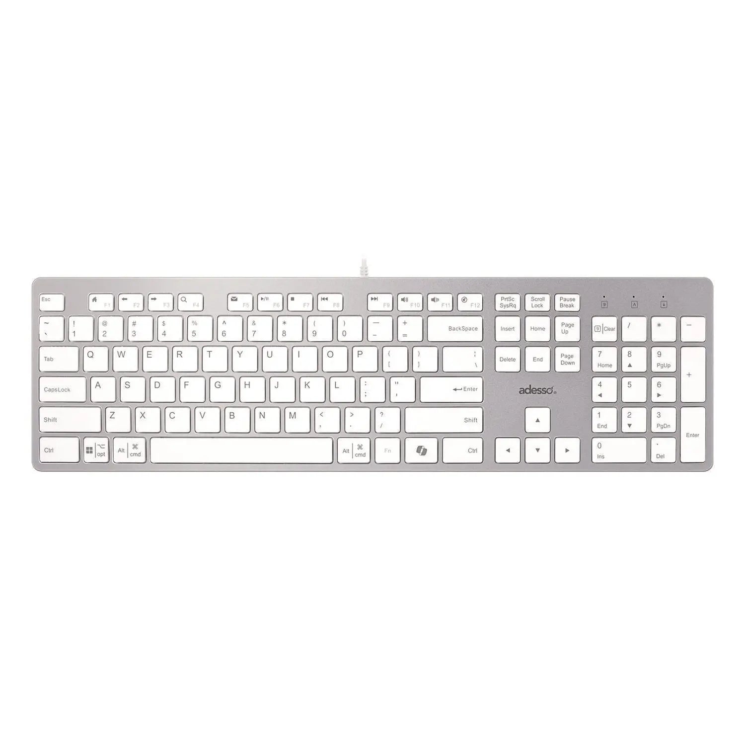 Adesso AKB 730UW Slim Wireless Keyboard - Silver & White Ergonomic Design for Home Office, Gaming & PC/Mac Use