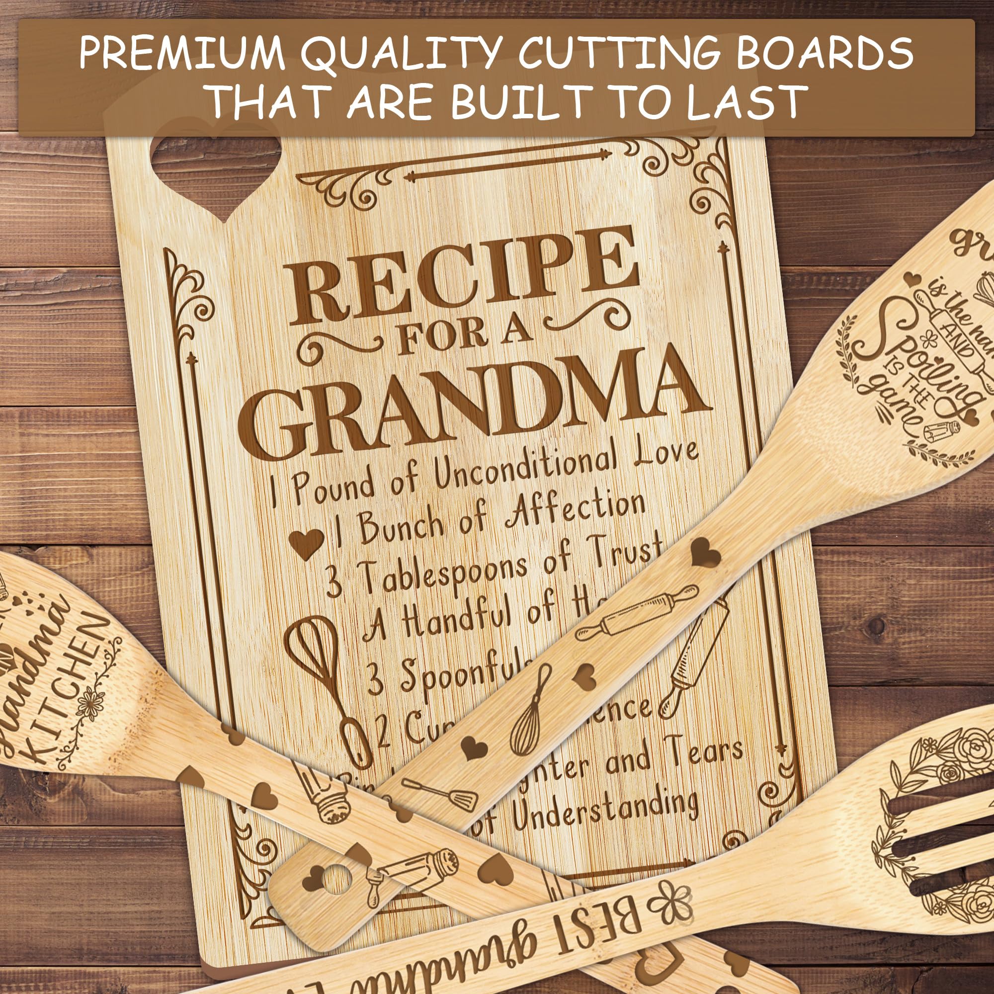 Personalized Wooden Cutting Board for Grandma - Mother's Day Gift from Grandkids | Engraved Kitchen Utensil Set with Heartwarming Message | Perfect for Cooking, Baking & Family Gatherings