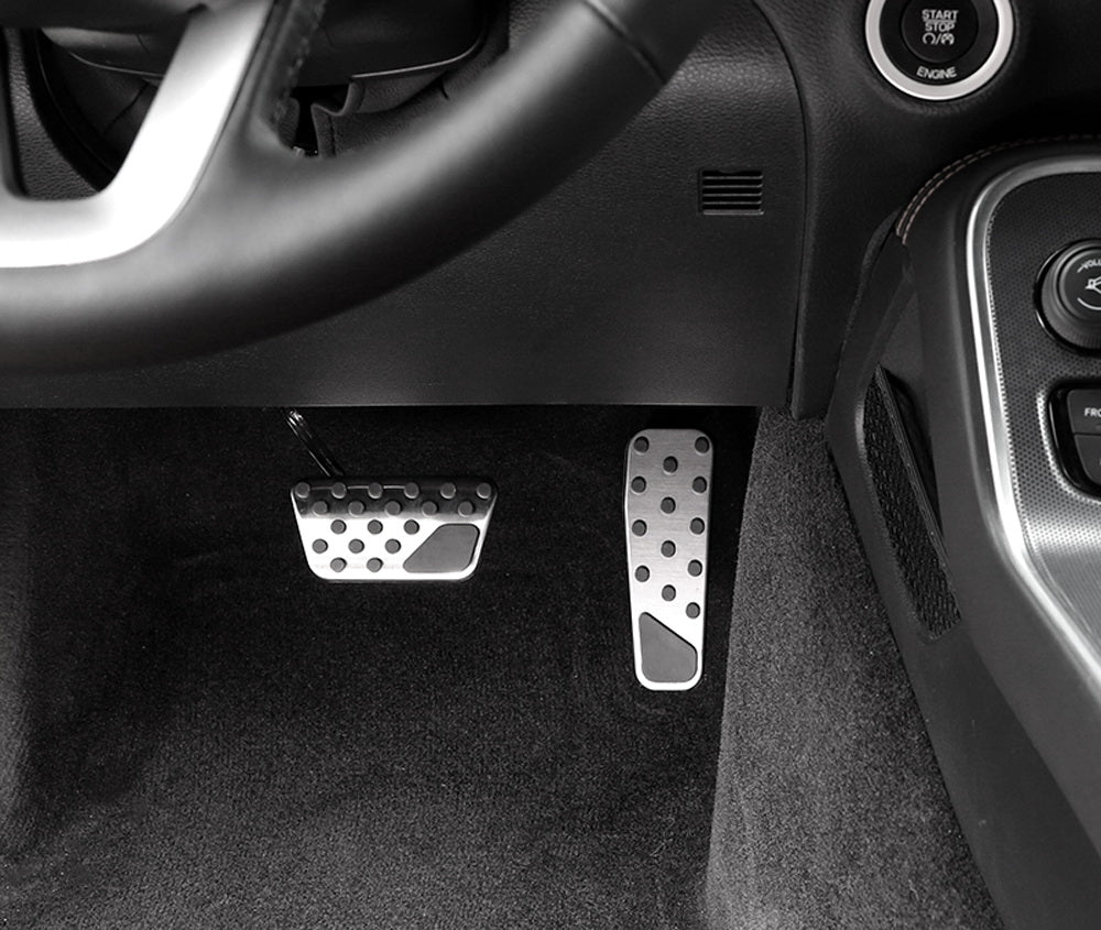 2-Piece Silver Track Design Foot Pedal Covers for 2008+ Dodge Challenger & 2009+ Dodge Charger - Non-Slip Racing Pedals for Enhanced Driving Performance