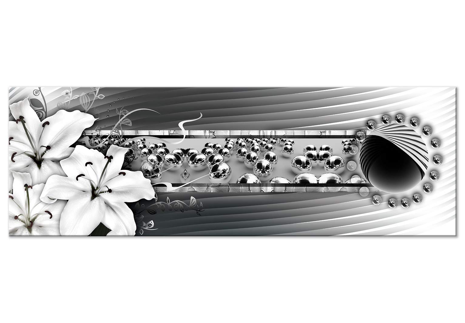 Artgeist Acoustic Canvas Wall Art Print - 47x16 Inch Abstract Soundproof Painting with Acoustic Foam for Home & Office Decor | Grey Lilies Flowers Pearls Design (Model n-C-0336-b-a) | Perfect for Living Rooms, Studios & Home Theaters