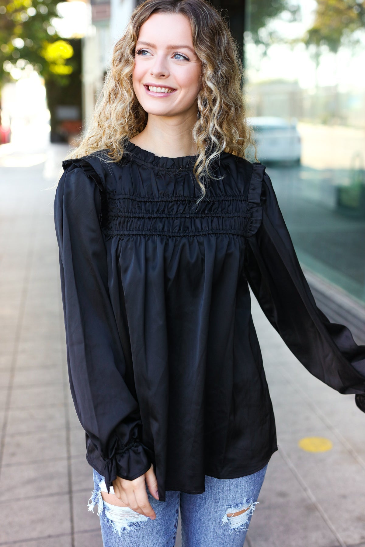 Black Satin Shirred Yoke Frilled Mock Neck Top for Women - Elegant Party & Evening Wear