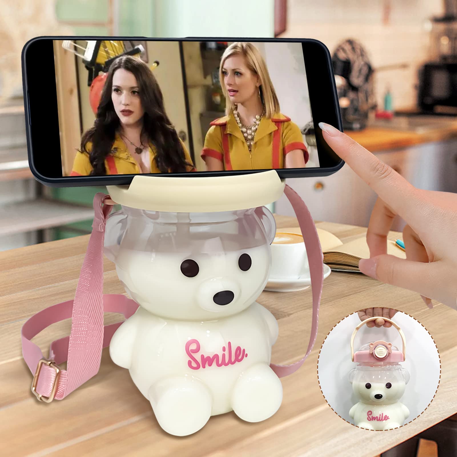 **Kawaii Bear Water Bottle with Straw & Strap - Cute BPA-Free Leakproof Drinking Cup for Kids, Girls & Women - Ideal for Sports, Camping, Picnic, Hiking & Travel (Pink)**